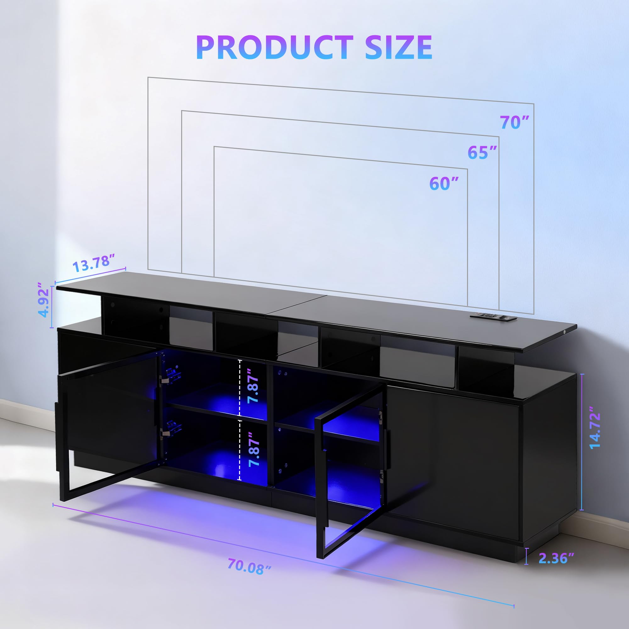 70 Inch TV Stand with LED Lights and Charging Station