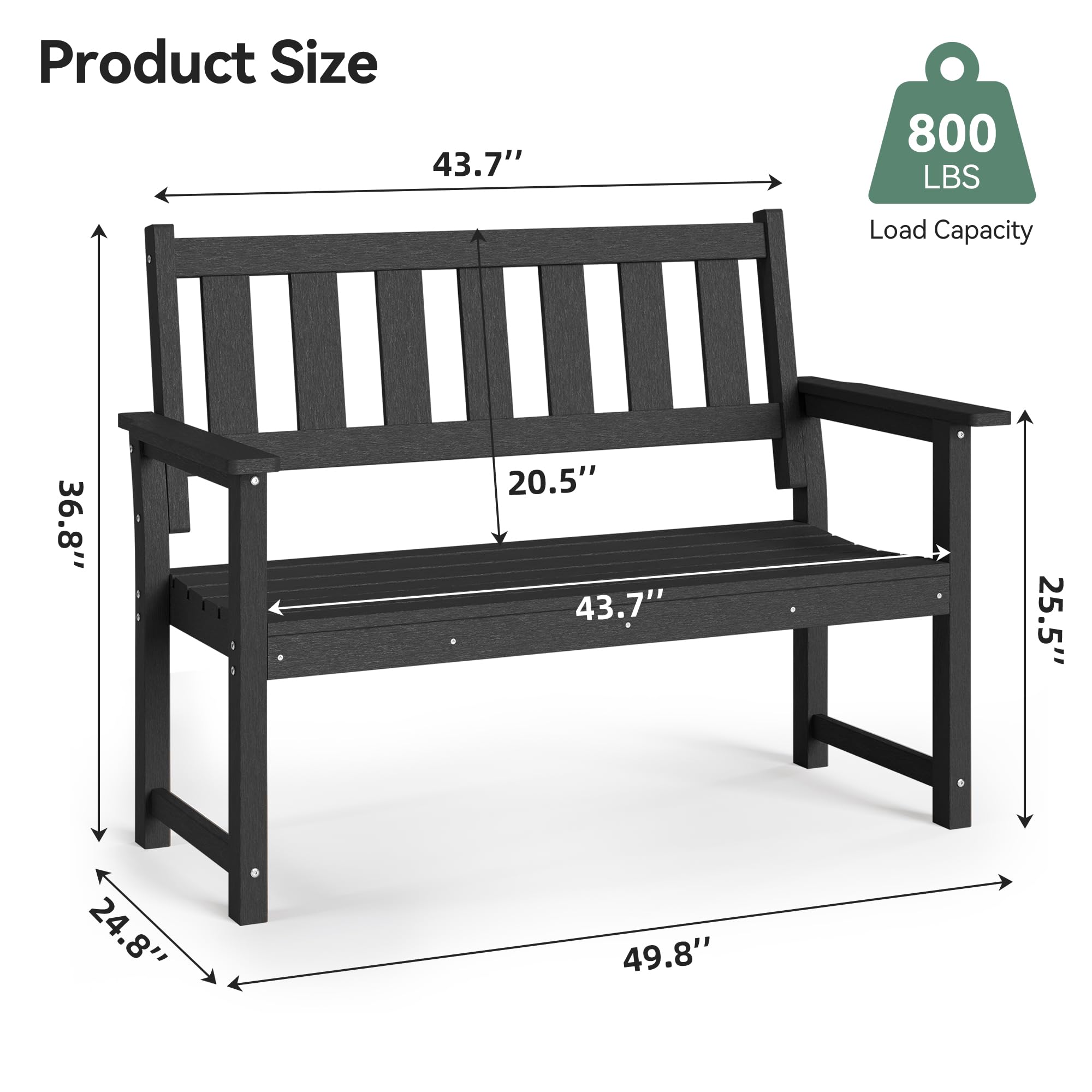 HDPE Outdoor Garden Bench 50" Weatherproof 2-Person