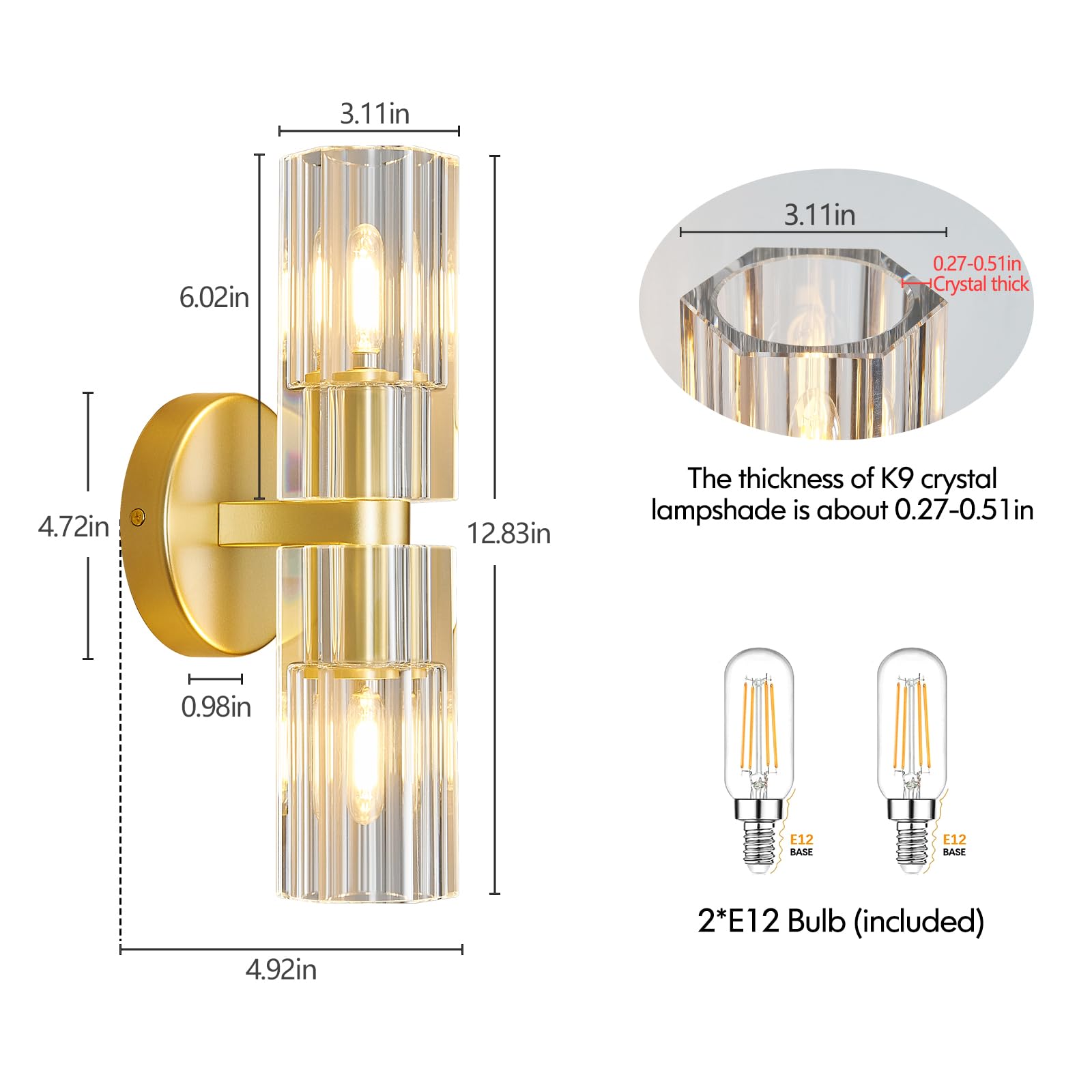 Modern Gold Crystal Wall Sconces Set of Two