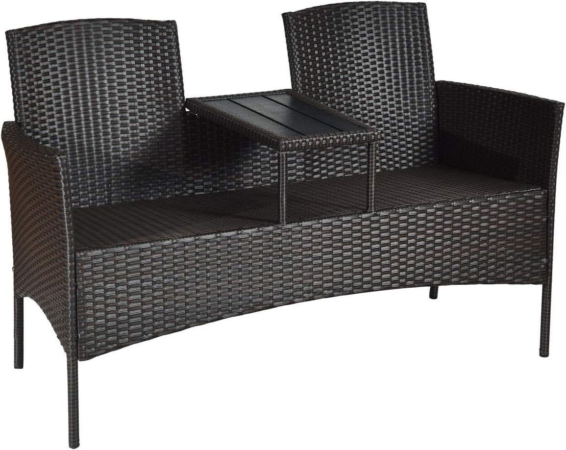 Outdoor Rattan Loveseat Conversation Set with Cushions & Coffee Table