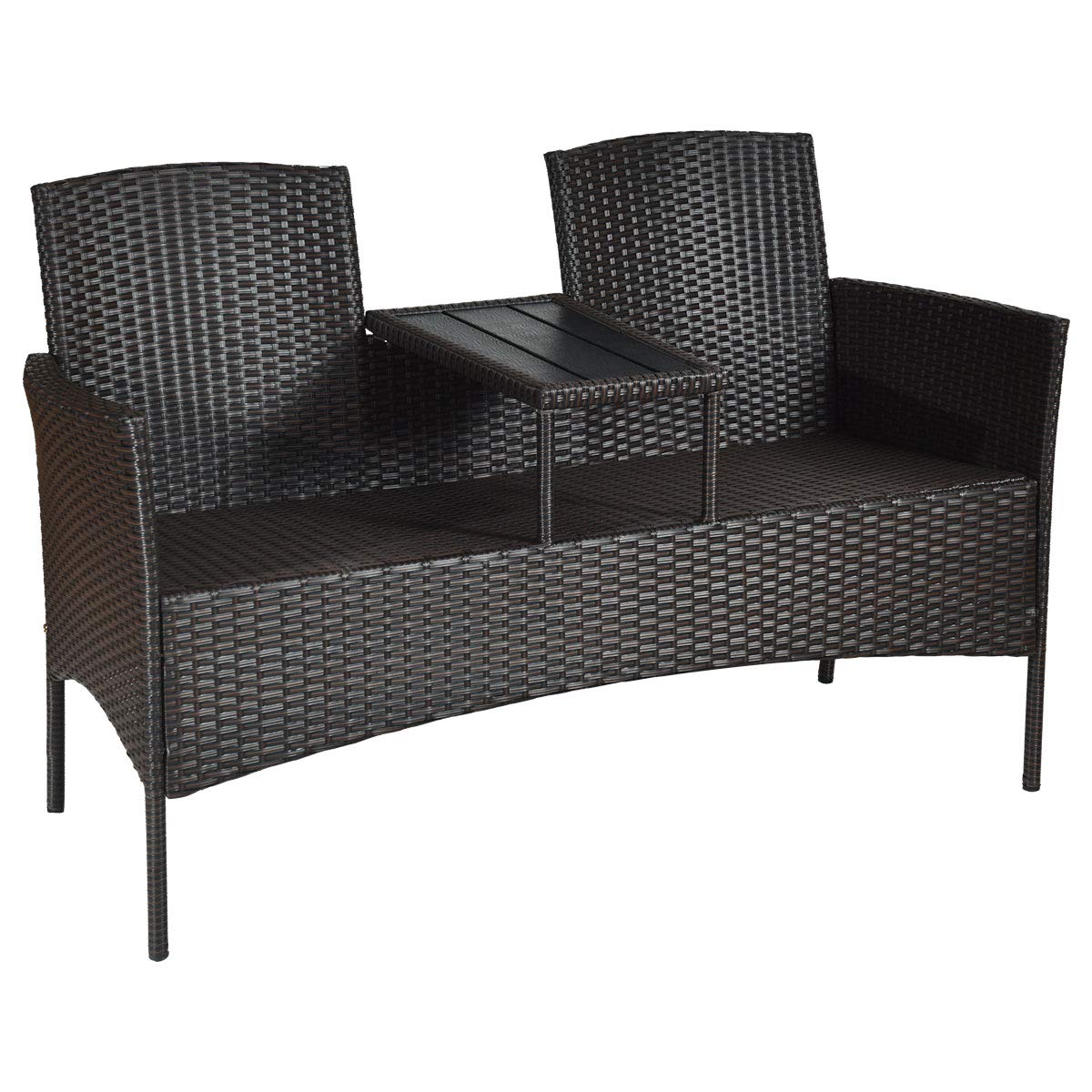 Outdoor Rattan Loveseat Conversation Set with Cushions & Coffee Table
