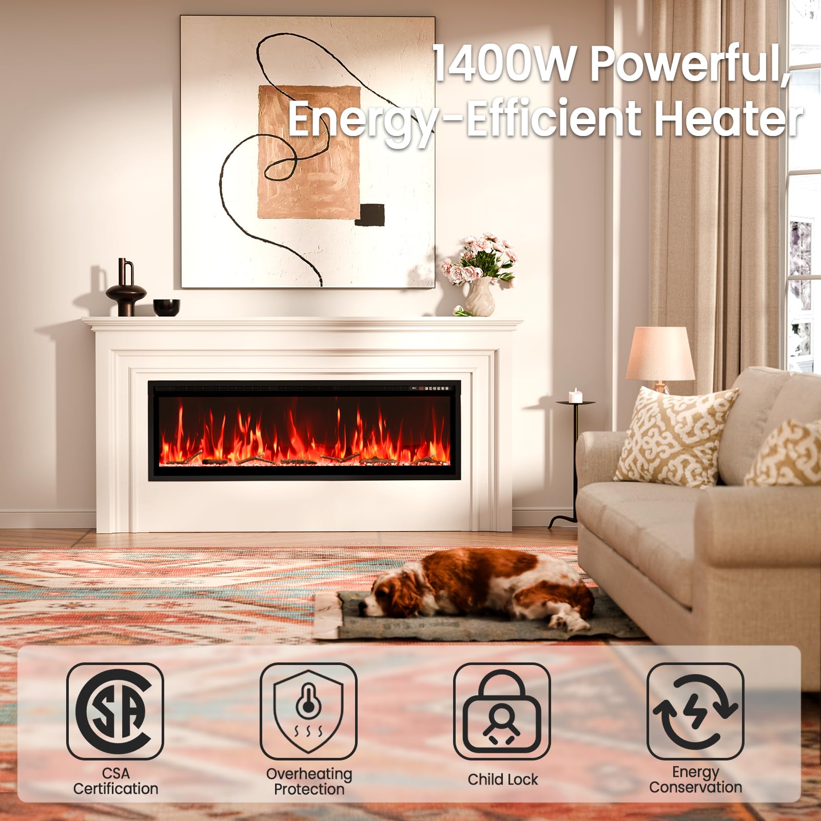 60" Smart Electric Fireplace with Voice Control and Realistic Flame