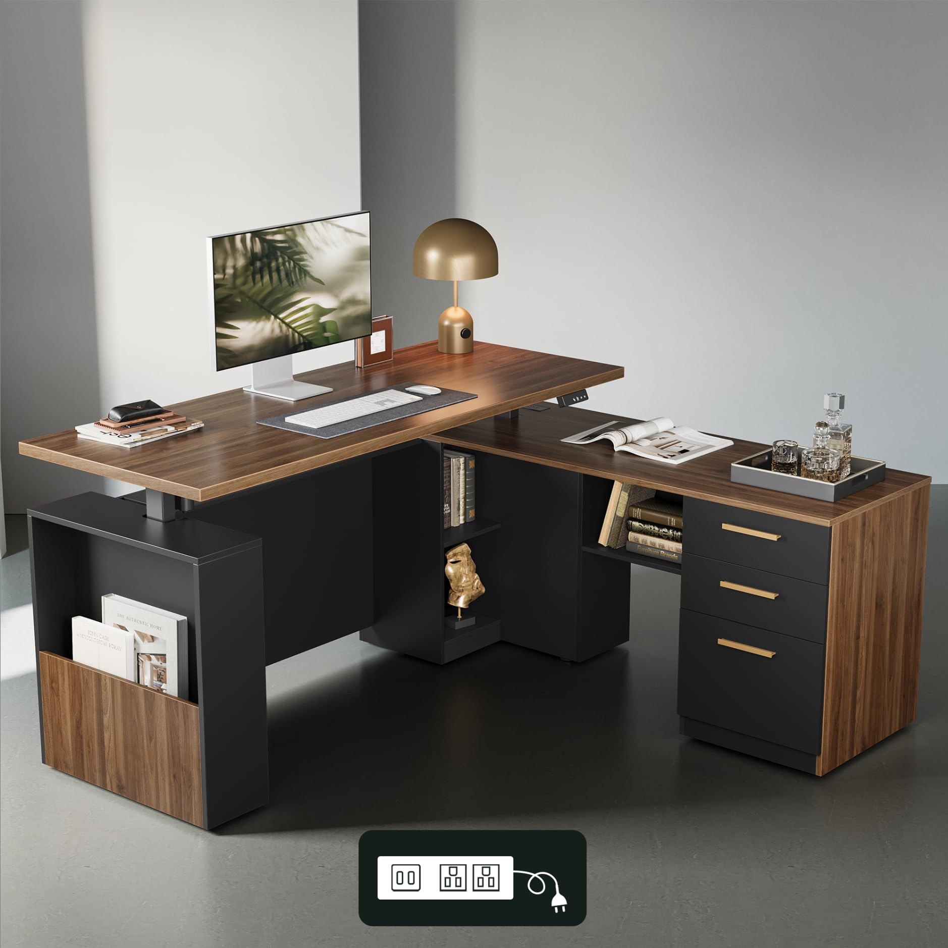 63" L-Shaped Standing Desk with File Cabinet and Privacy Panel