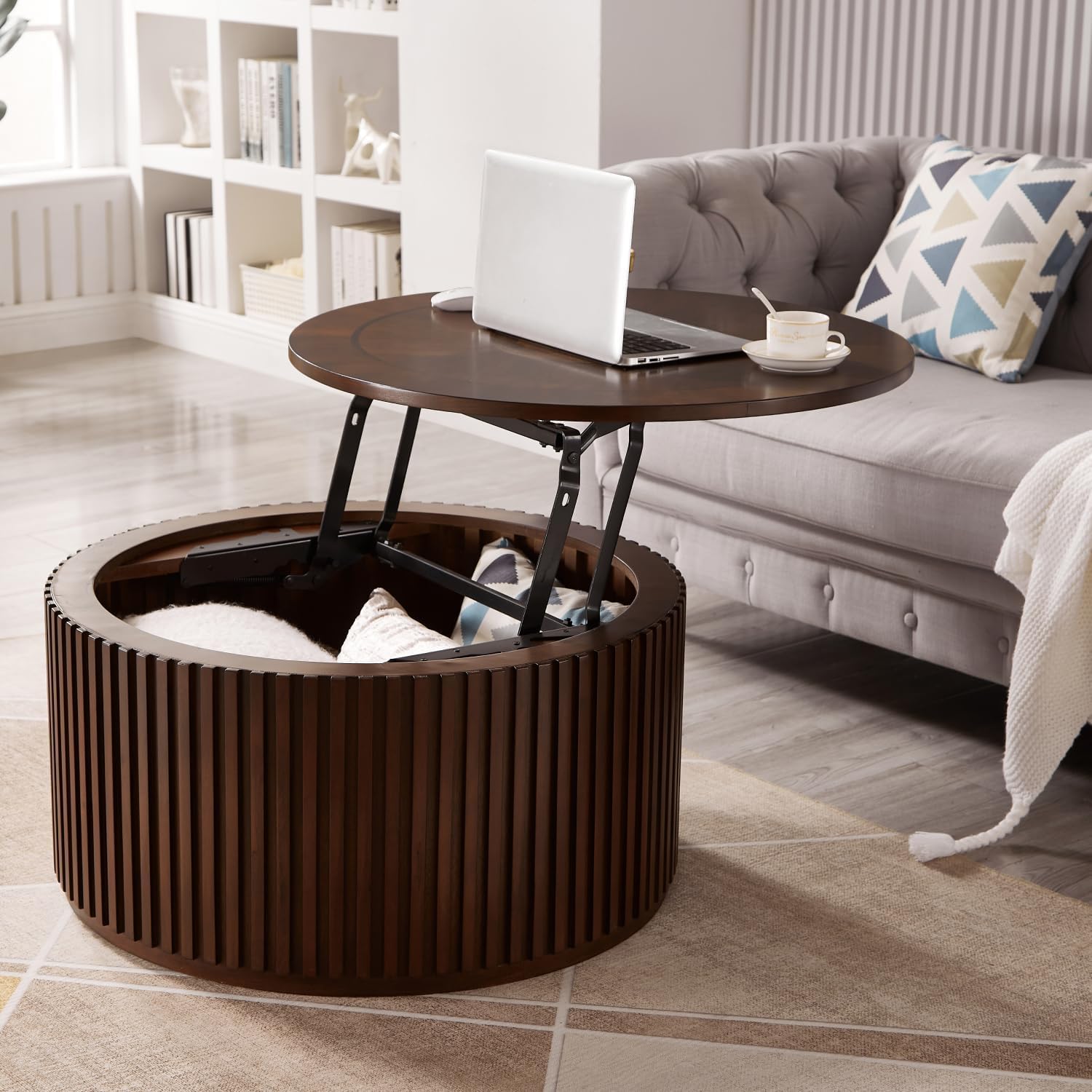 Round Lift Top Coffee Table with Storage and Hidden Compartment