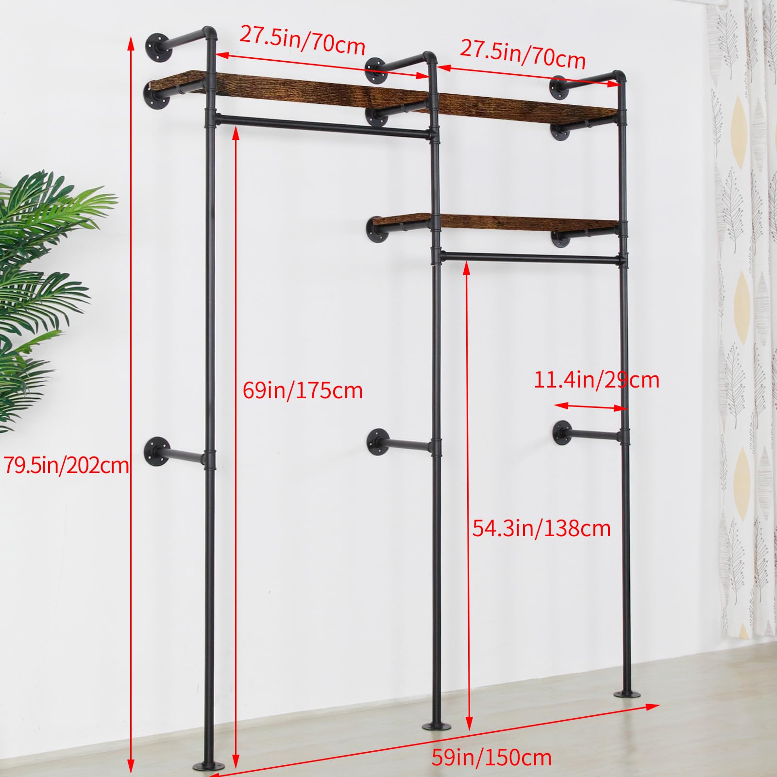 Industrial Wall-Mounted Clothing Rack with Shelves
