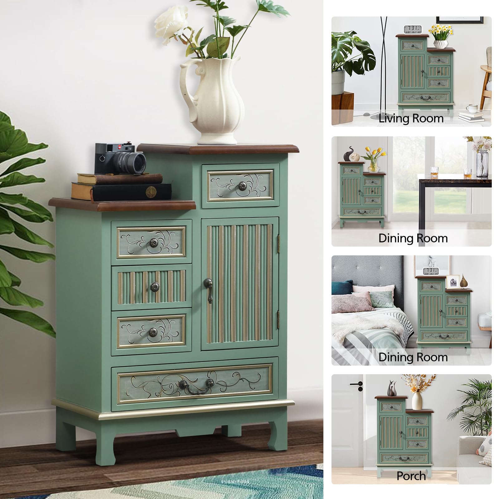 Vintage Accent Chest with 5 Drawers and Door Storage Cabinet
