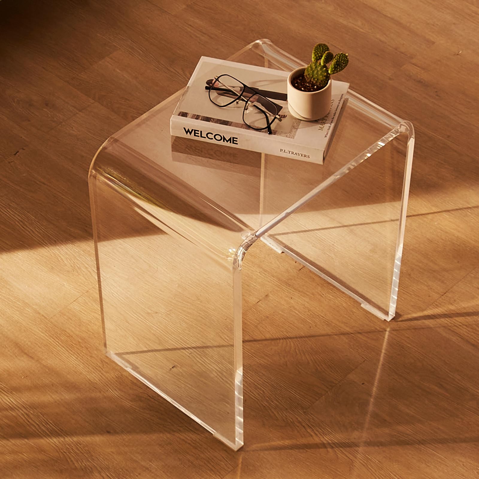 Acrylic Side Table Set of 2 - U-Shaped Clear End Tables with Waterfall Edges