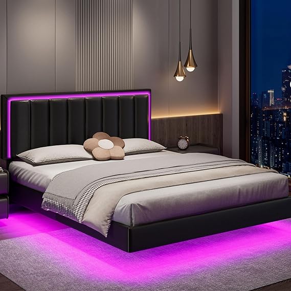 King Floating Bed Frame with LED Lights