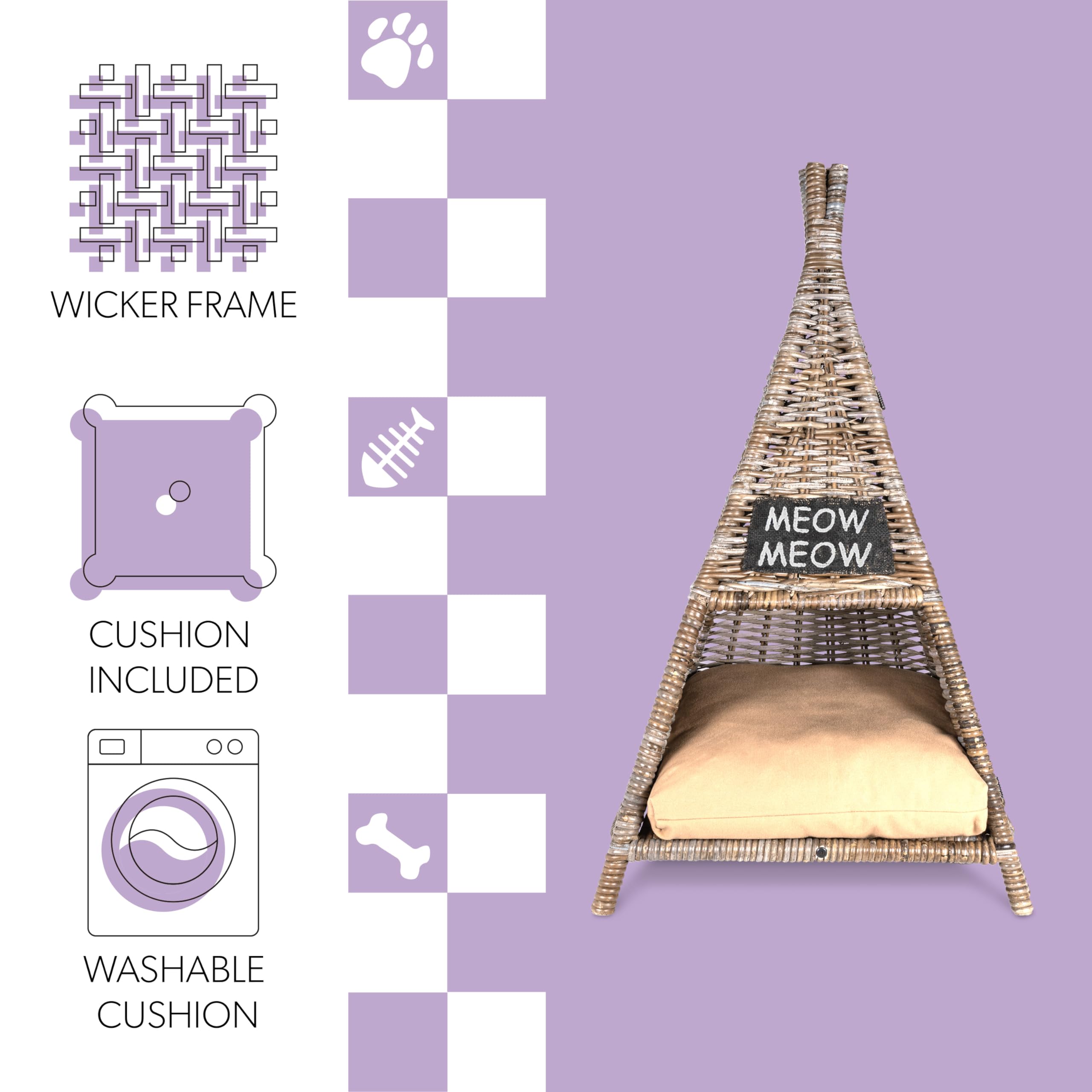 Tiki Tent Coastal Handwoven Rattan Cat Bed with Washable Cushion