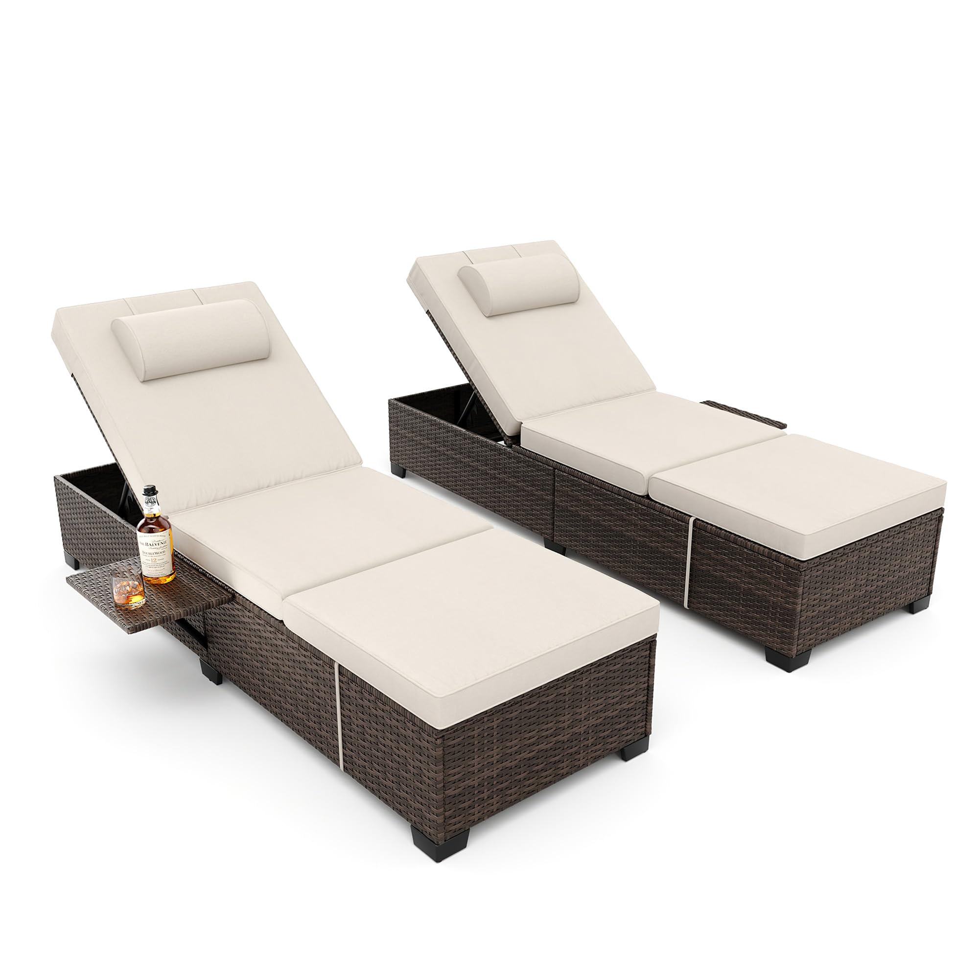 PE Wicker Rattan Chaise Lounge Chair Set of 2