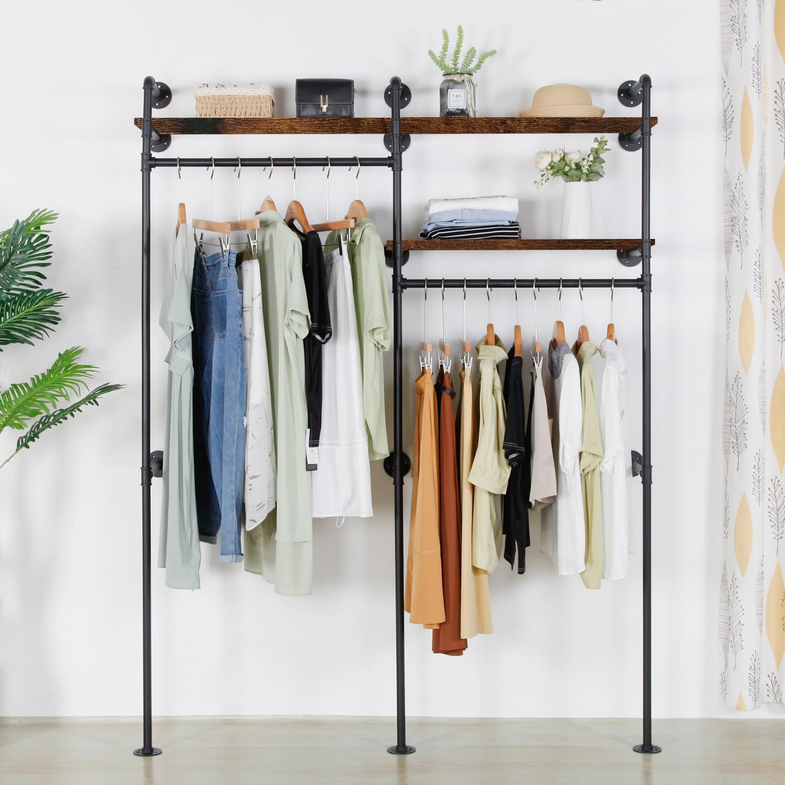 Industrial Wall-Mounted Clothing Rack with Shelves