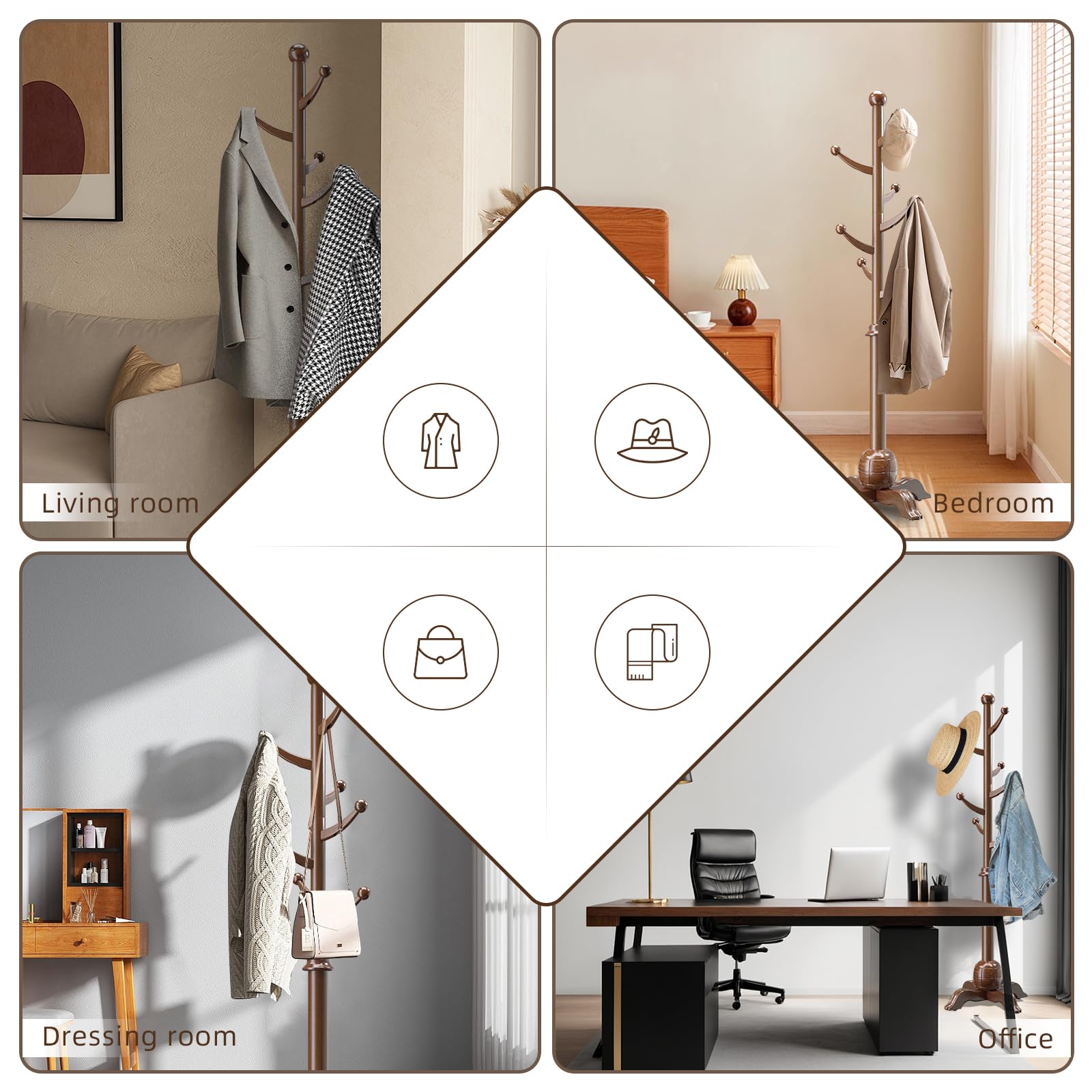 Wooden Coat Rack Freestanding with 7 Hooks