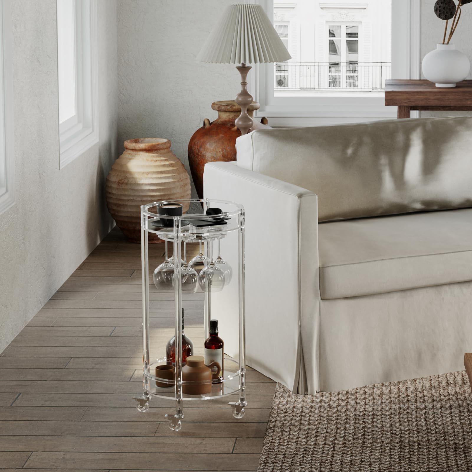 Acrylic Round Rolling Bar Cart - 2 Tier Serving Cart with Lockable Wheels