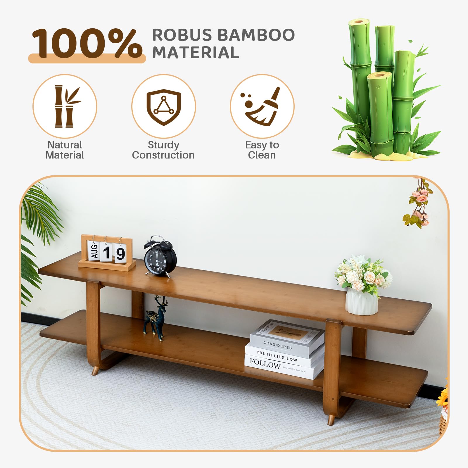 Bamboo TV Stand with Storage for TVs up to 65 Inches