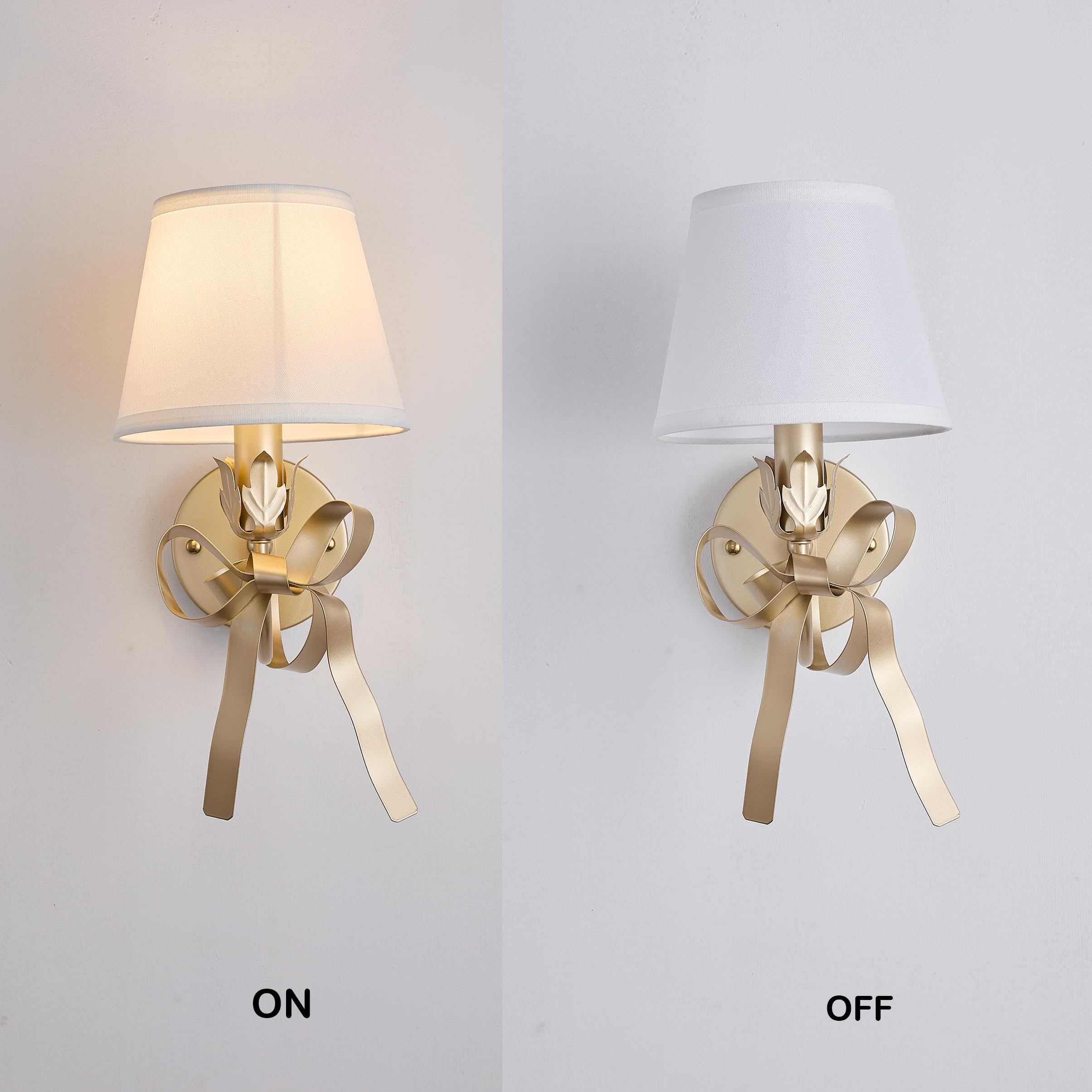 Gold Bow Wall Sconces Set of 2 with White Fabric Shades