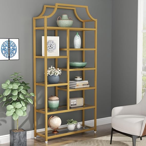 8-Tier Tempered Glass Bookshelf - Gold Metal Frame Etagere