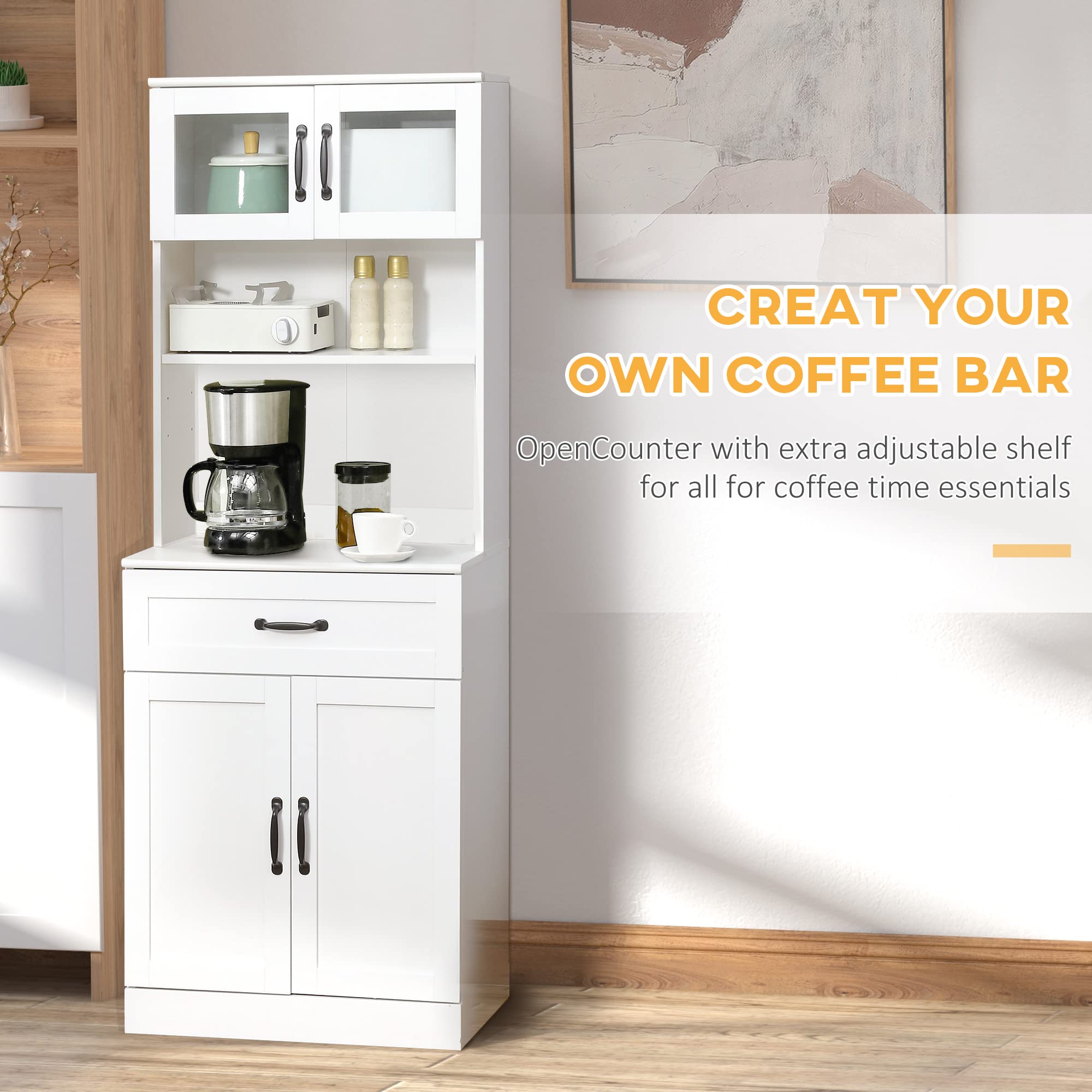 Kitchen Pantry Cabinet with Glass Doors and Adjustable Shelves