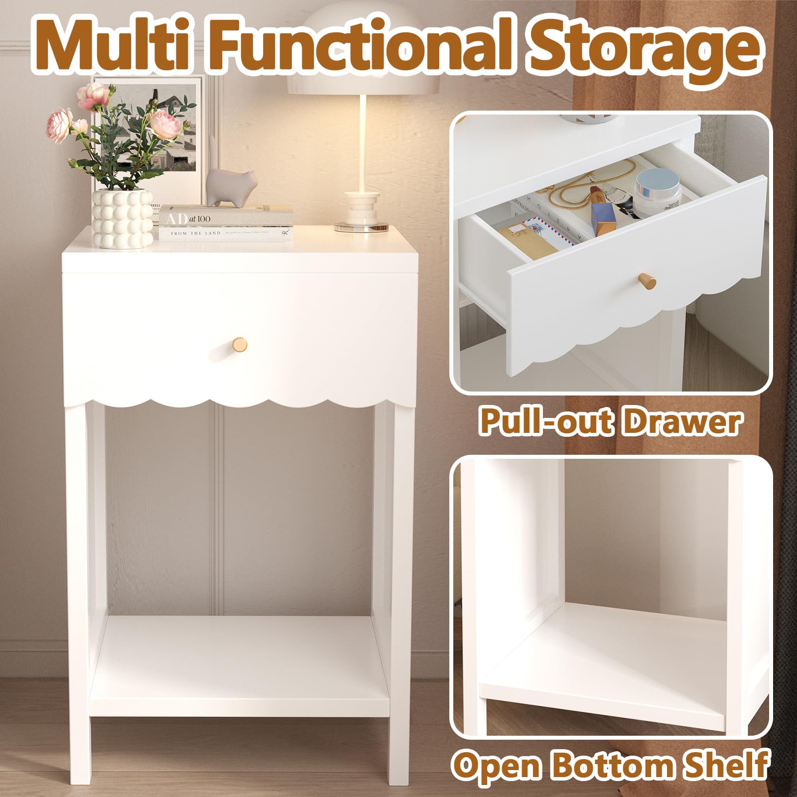 Scalloped Edge Nightstand with Drawer and Storage Shelf