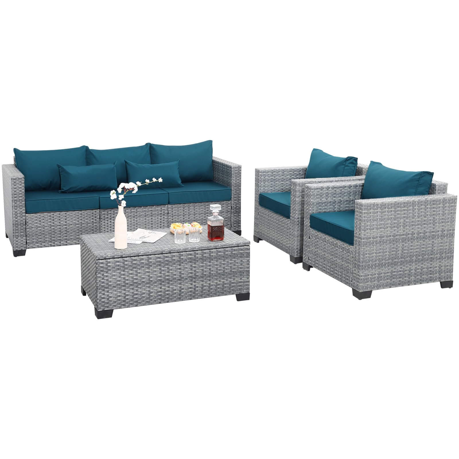 4 Piece Wicker Patio Conversation Set with Storage Table