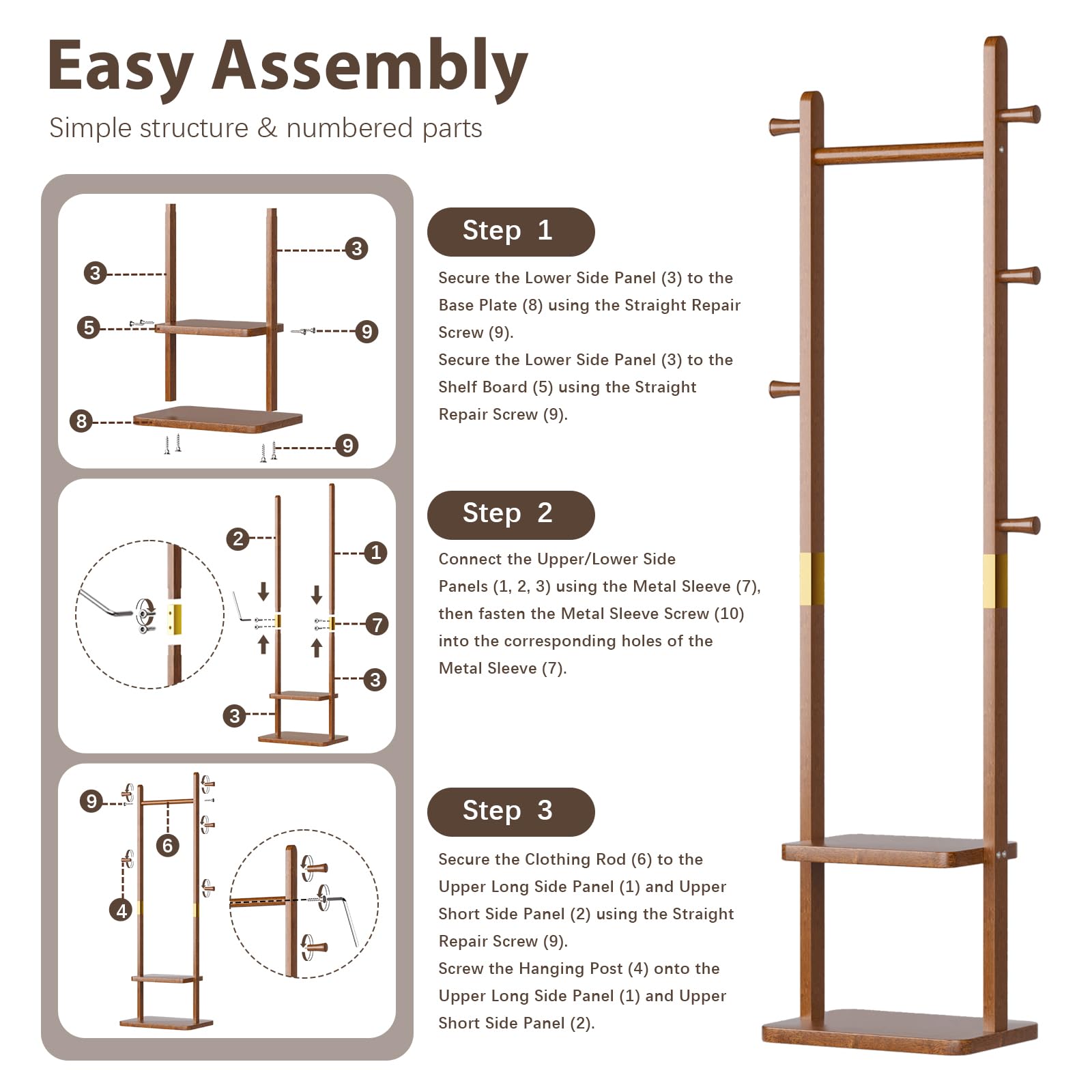 Solid Wood Coat Rack with 2 Shelves and 5 Hooks