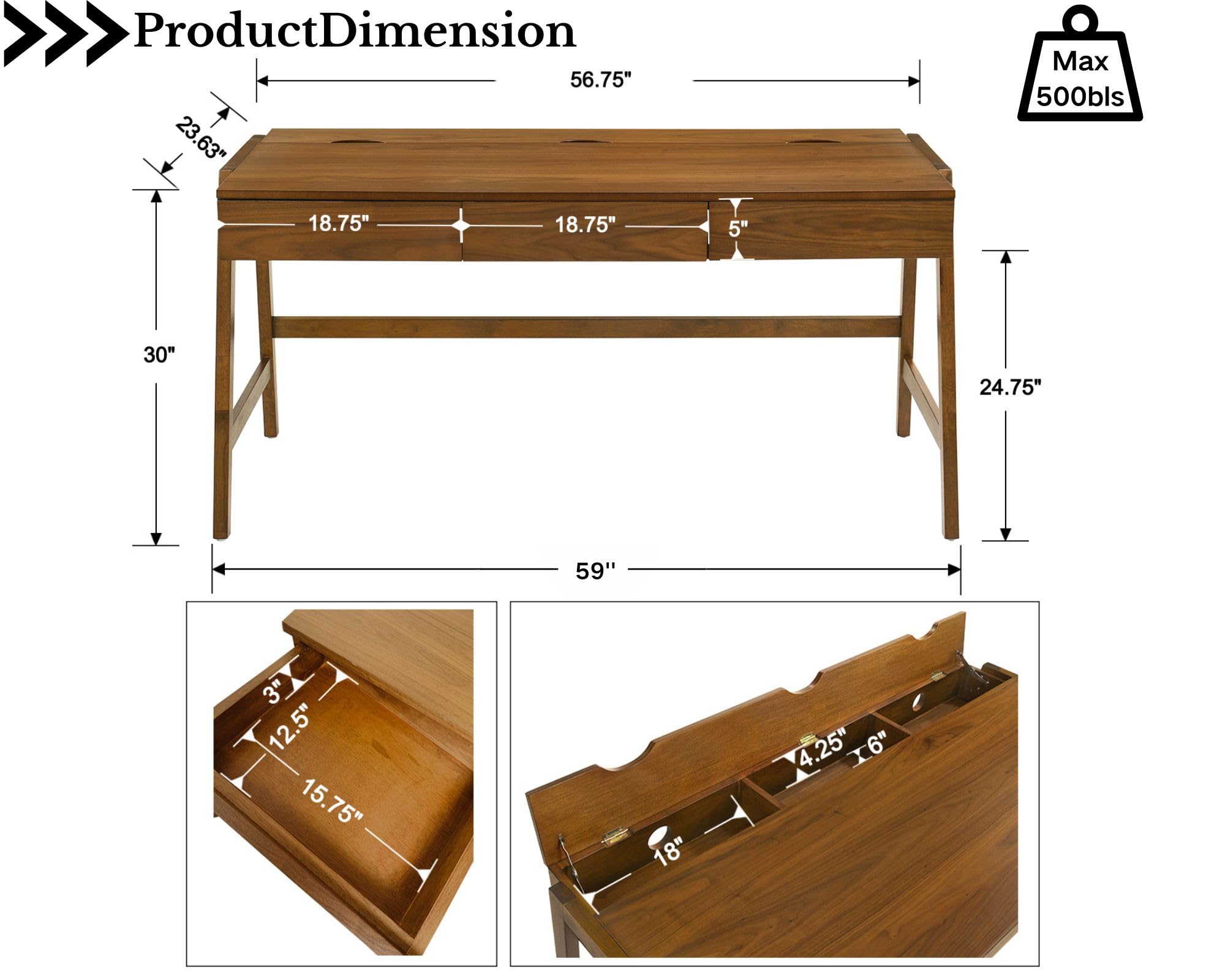 59-Inch Walnut Writing Desk with 3 Drawers