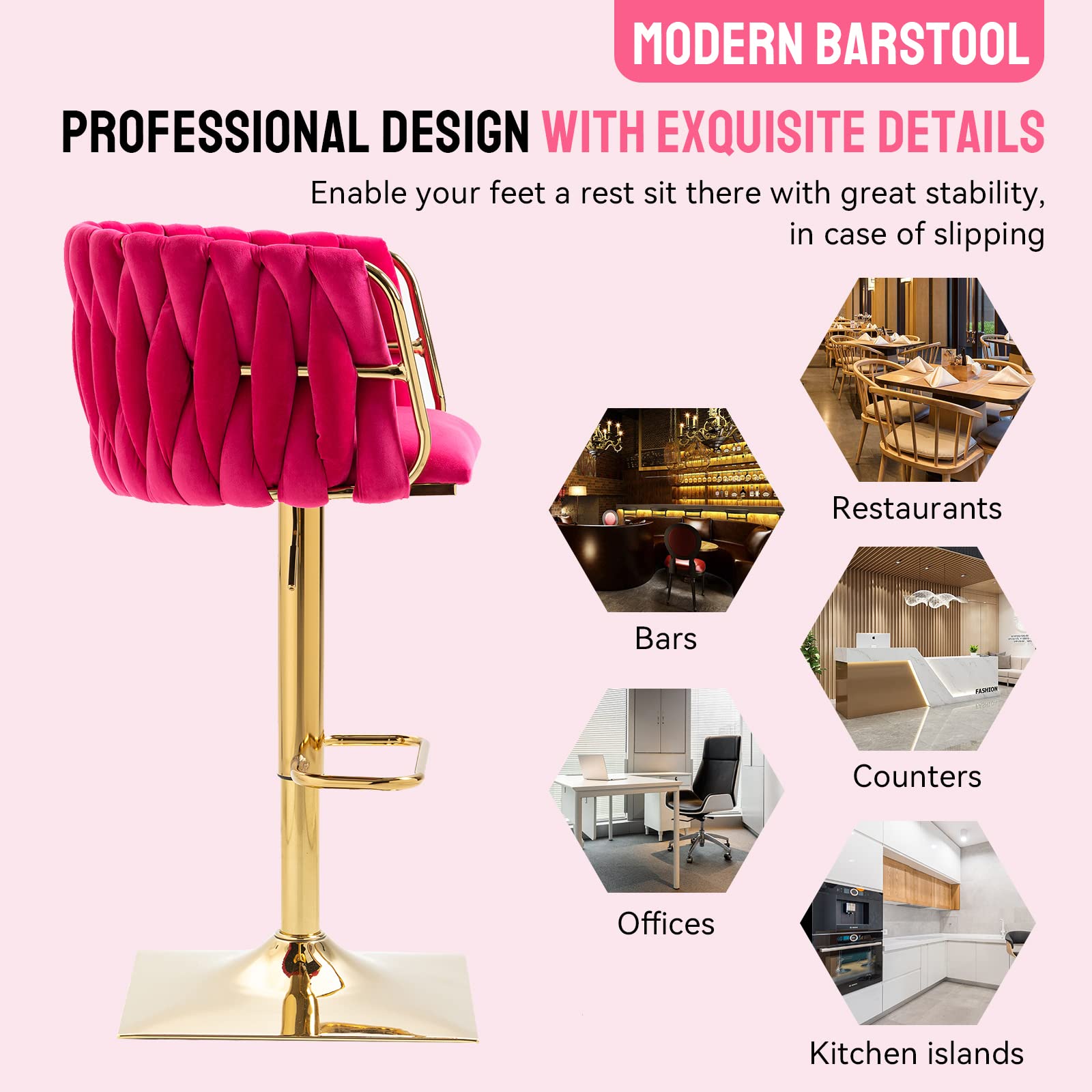 Velvet Swivel Bar Stool Set of 2 with Hand Woven Backrest