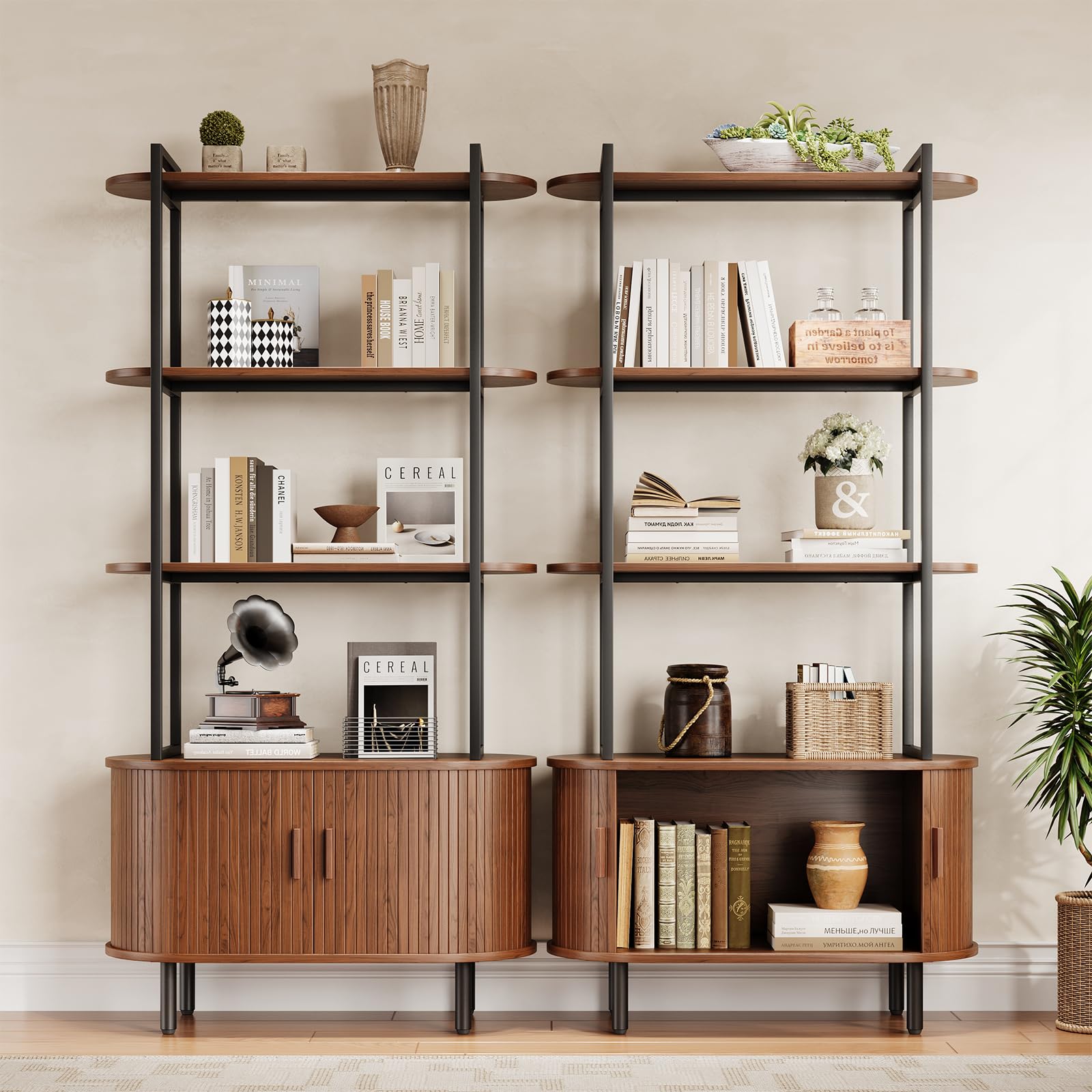 71" Tall Fluted Bookshelf with Sliding Tambour Doors