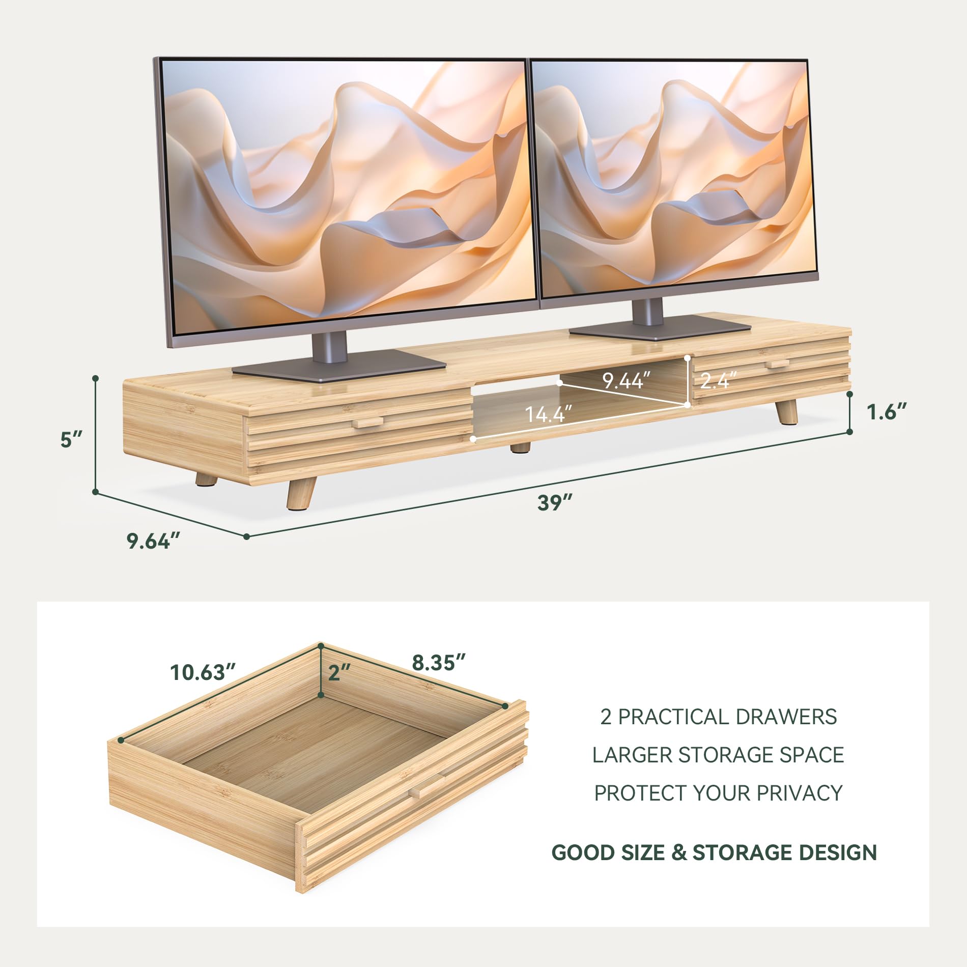 Bamboo Monitor Stand with Drawer - 39 Inch Desk Organizer