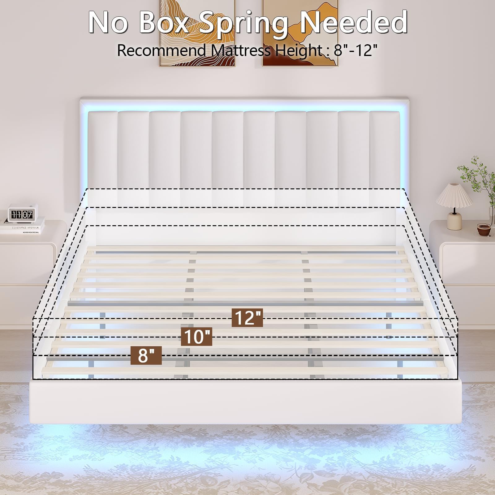 Floating Bed Frame King Size with LED Lights and Upholstered Headboard