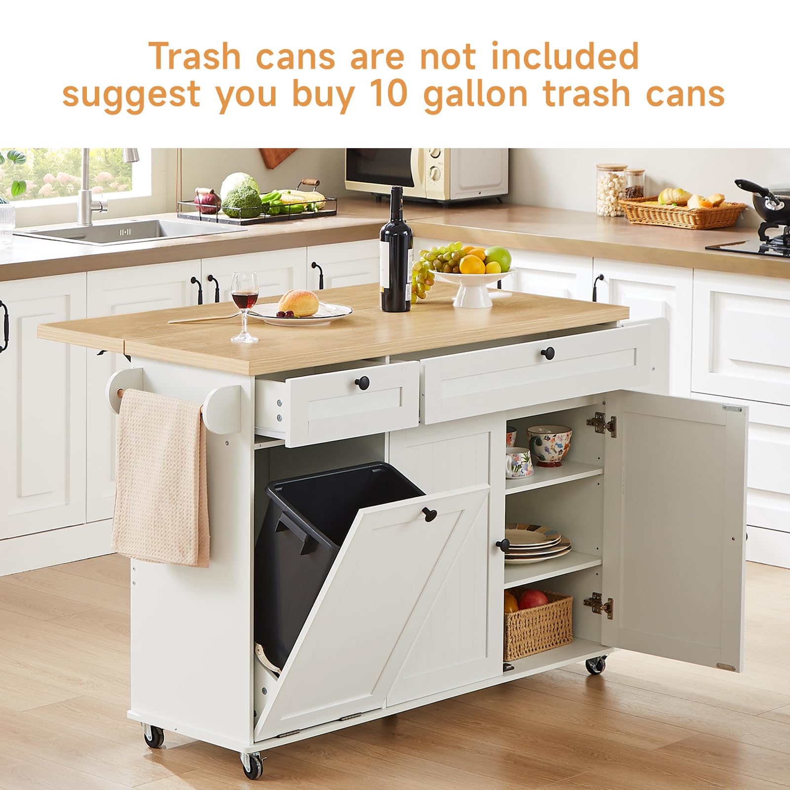 60" Kitchen Island with Power Outlet and Drop Leaf