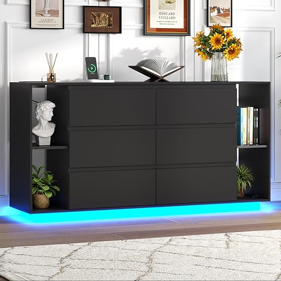 6 Drawer Dresser with Power Outlet and LED Light