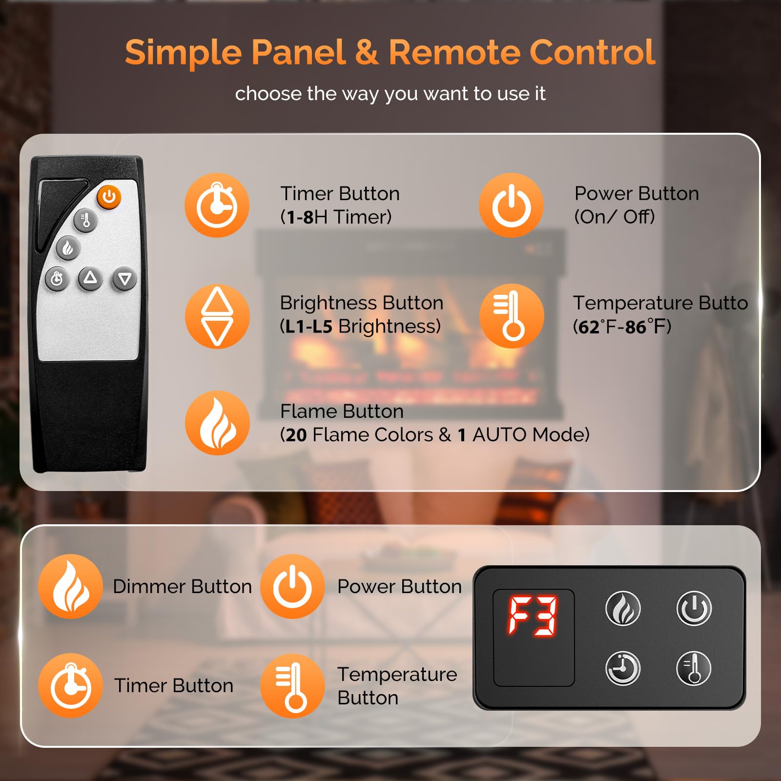 36 Inch 3-Sided Electric Fireplace Insert with Remote Control