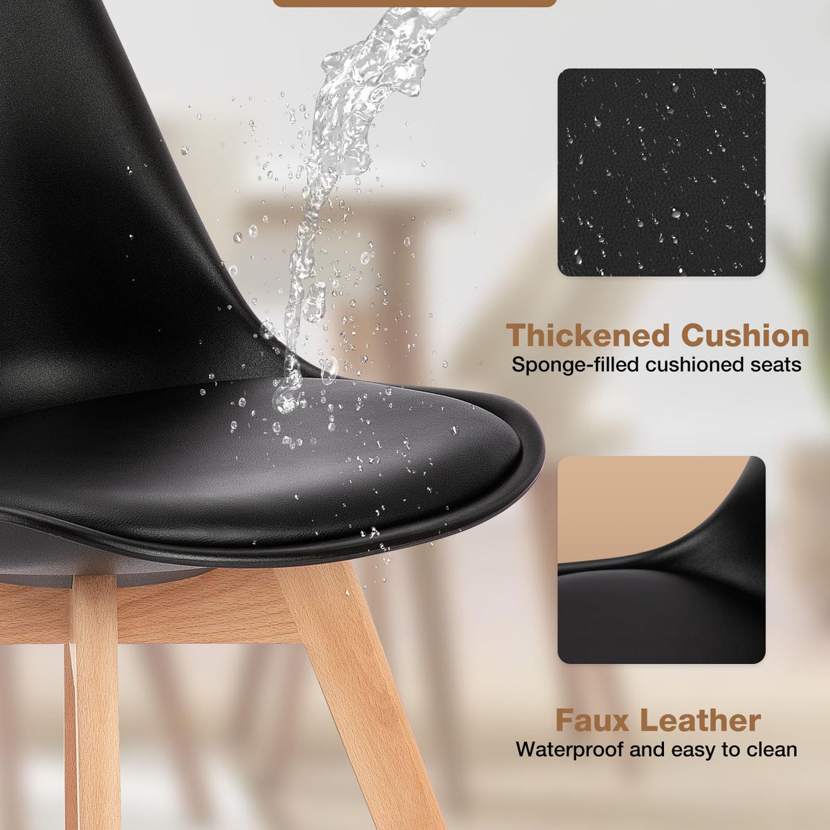 Mid-Century Modern Dining Chairs Set of 4 with PU Leather Cushion
