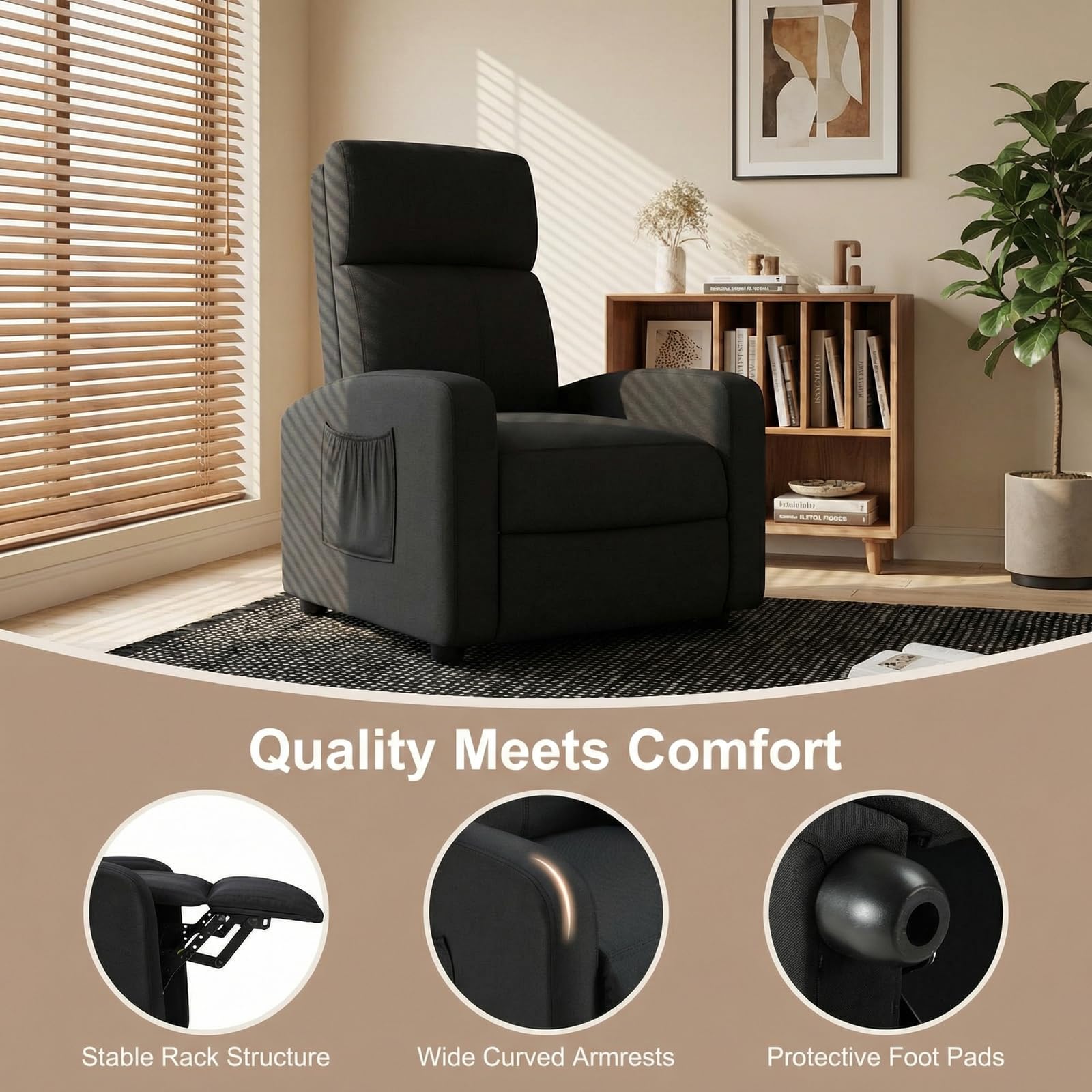 TLSUNNY Fabric Recliner Chair, Single Reclining Sofa with Thicker Seat Cushion and a Side Pocket, Home Theater Seating with Adjustable Backrest and Footrest, for Living Room, Linen (Black)