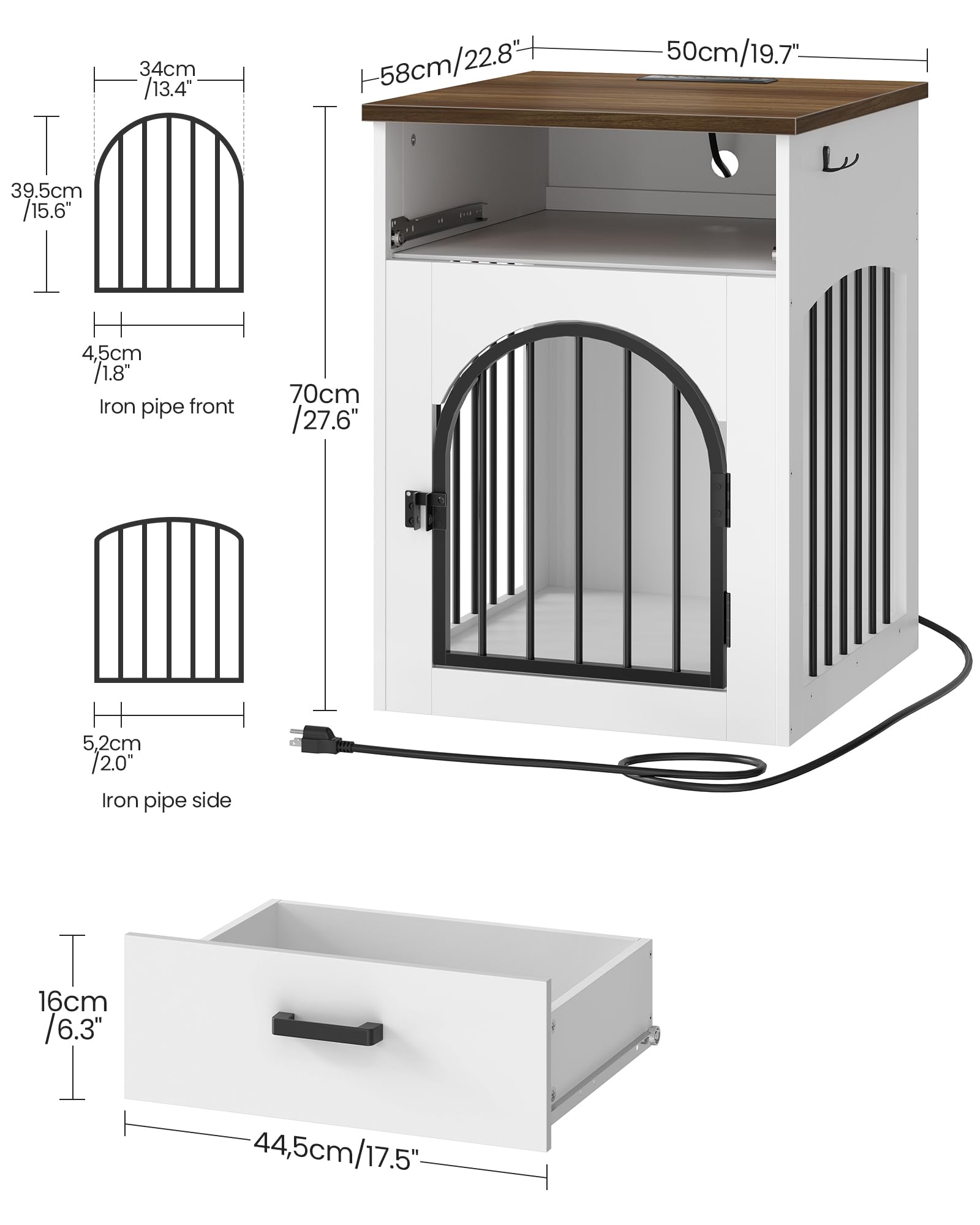 Wooden Dog Crate Furniture with Charging Station and Storage Drawer