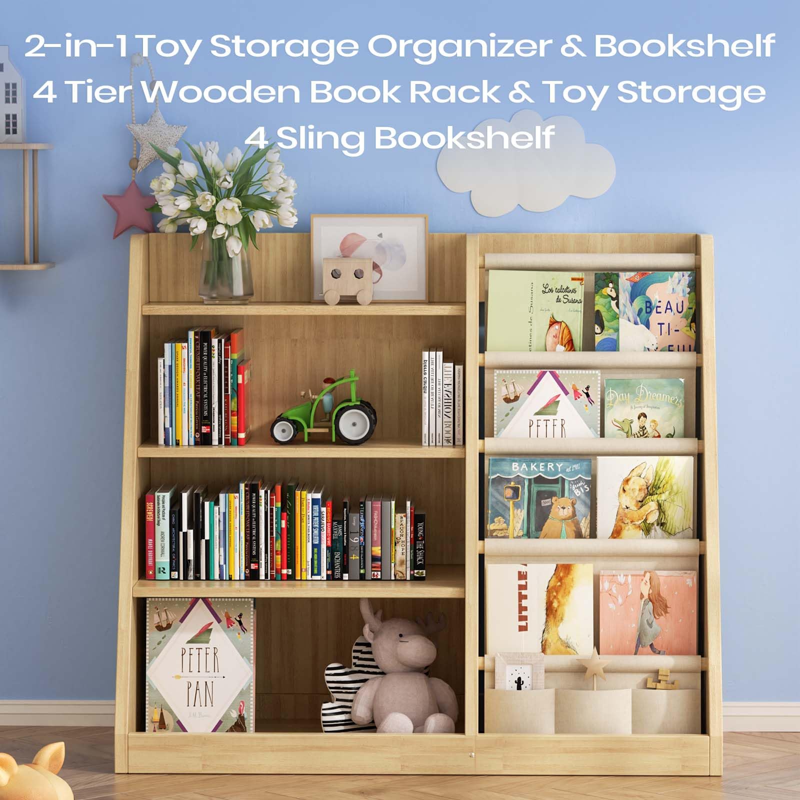 Kids Bookshelf and Toy Storage Organizer 4 Tier Wooden