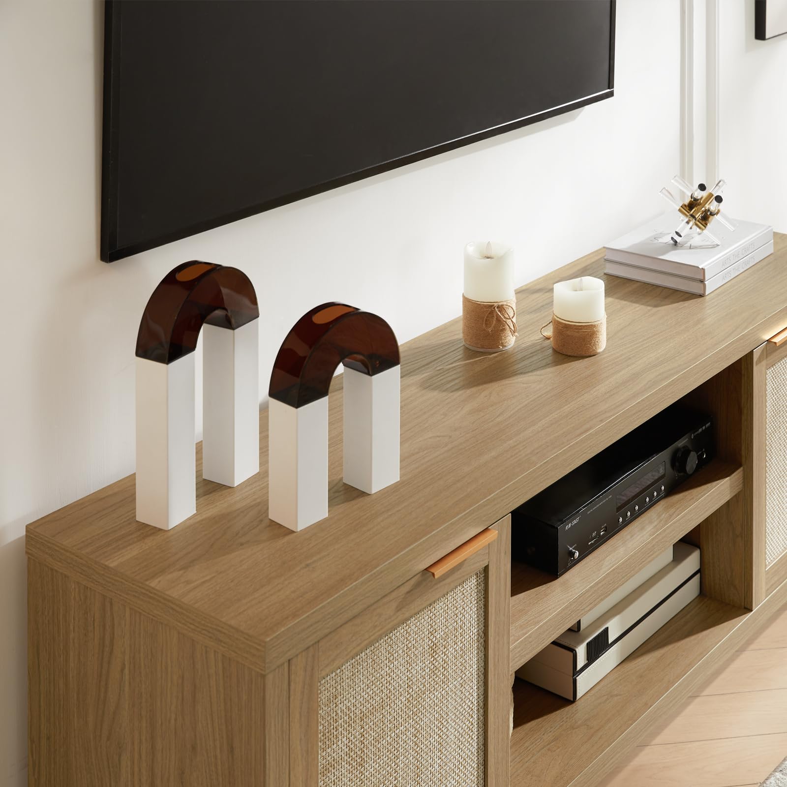 TV Stand with Rattan Doors for 50-65 Inch TVs