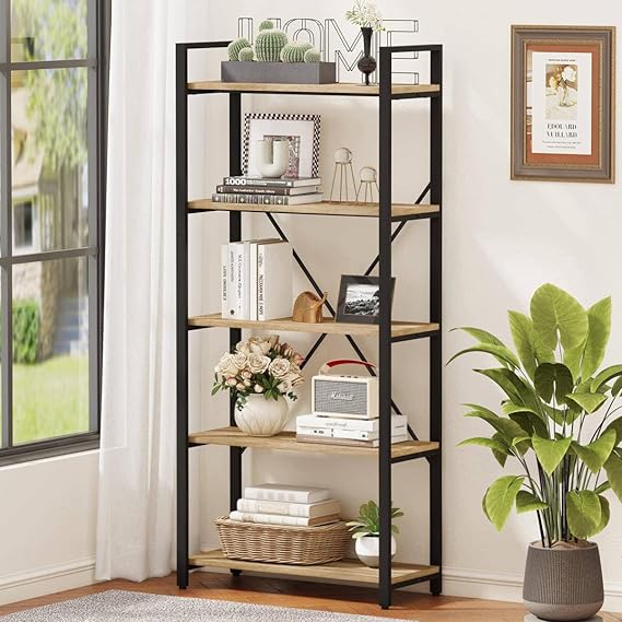 5 Tier Bookshelf Metal and Wood Etagere