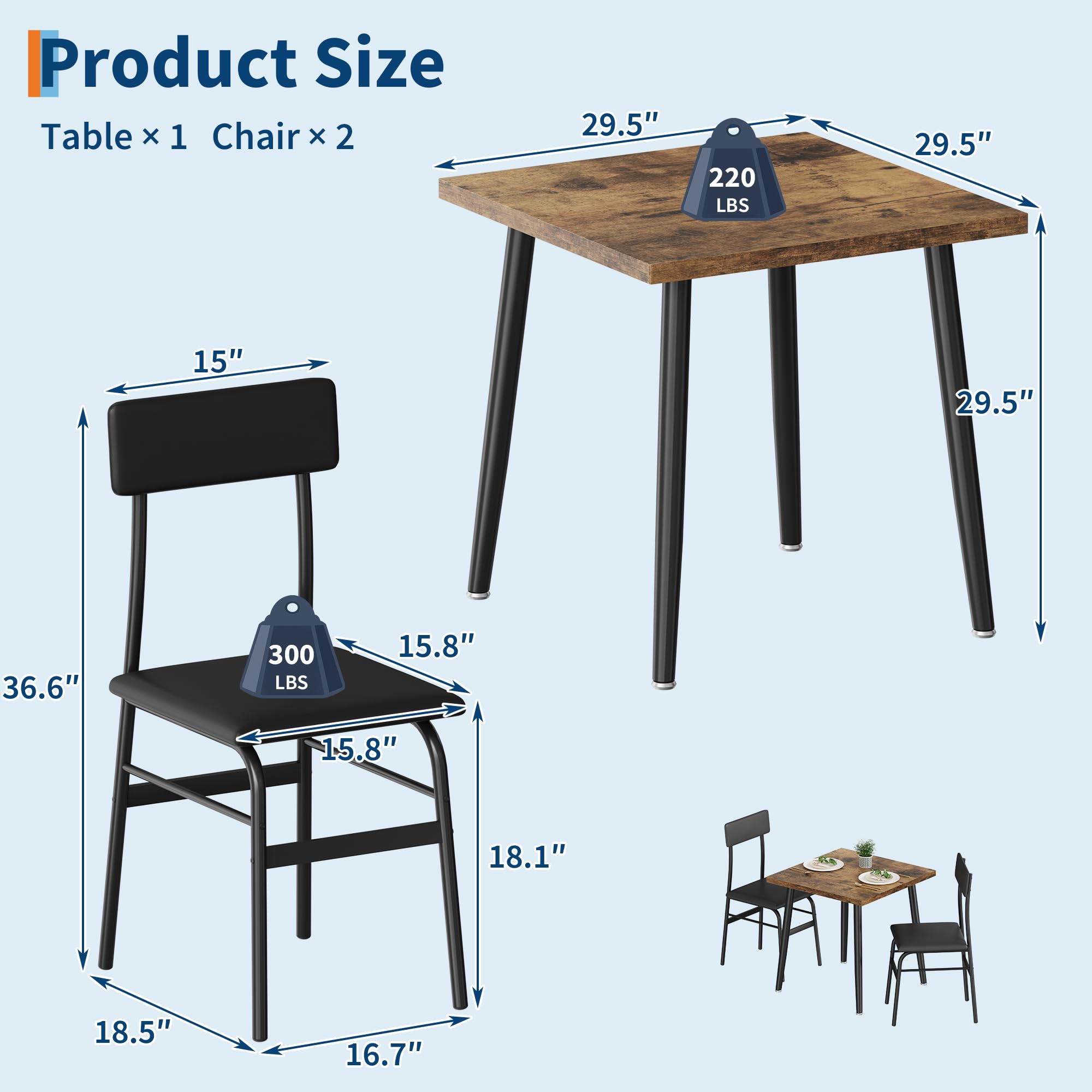 3-Piece Dining Table Set with Upholstered Chairs