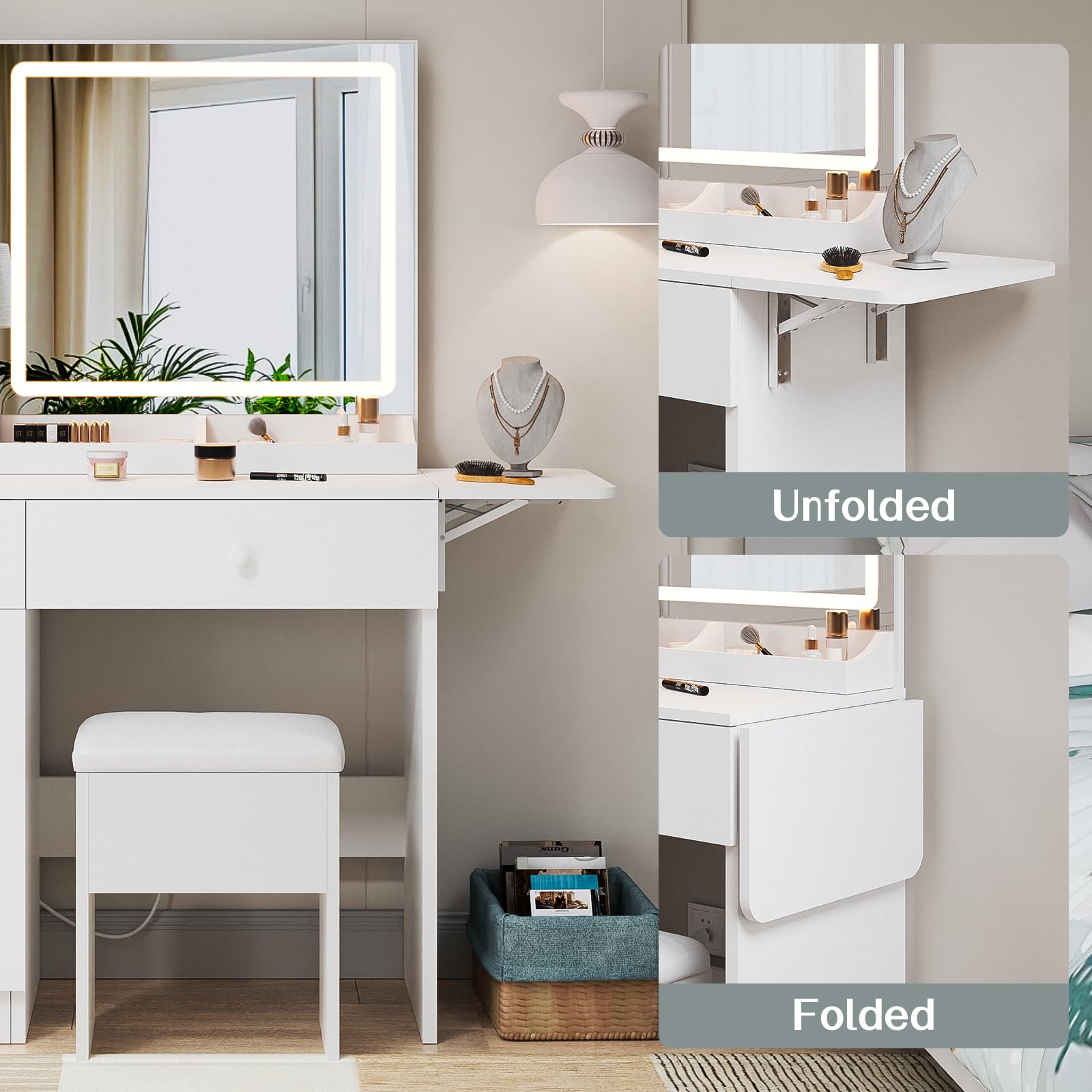 White Vanity Desk with Lighted Mirror and Charging Station