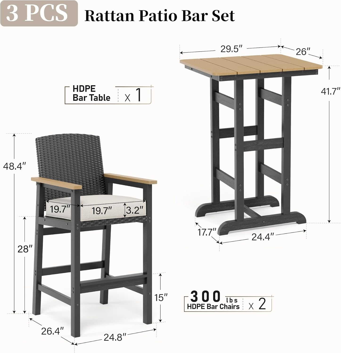 3-Piece Outdoor Bar Set with Cushioned Wicker Chairs
