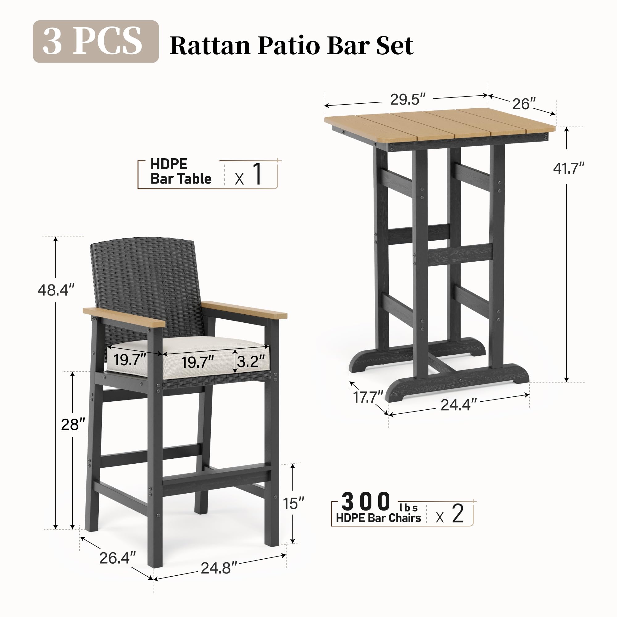 3-Piece Outdoor Bar Set with Cushioned Wicker Chairs
