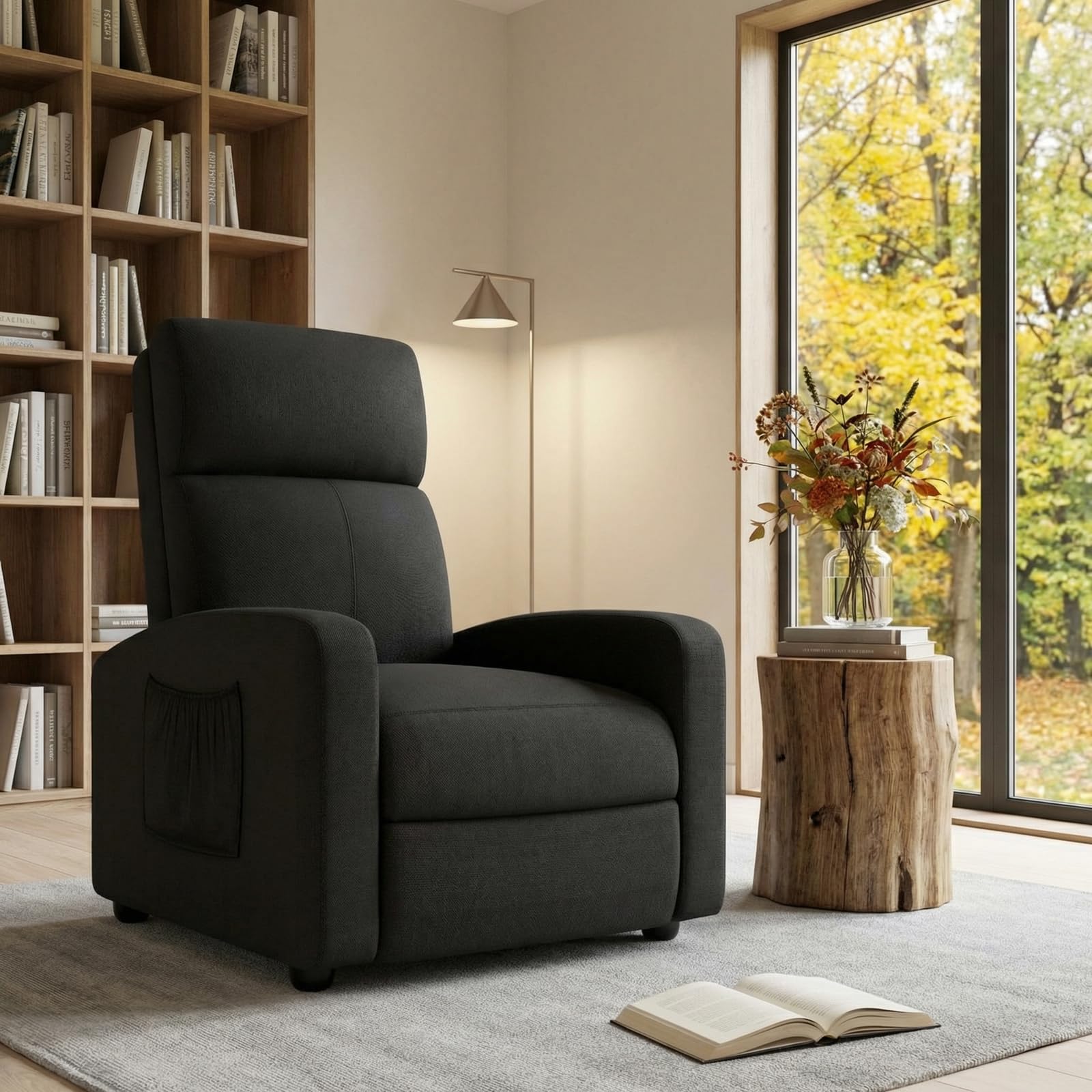 TLSUNNY Fabric Recliner Chair, Single Reclining Sofa with Thicker Seat Cushion and a Side Pocket, Home Theater Seating with Adjustable Backrest and Footrest, for Living Room, Linen (Black)