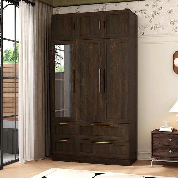 3-Door Wardrobe Closet with Mirror and Drawers
