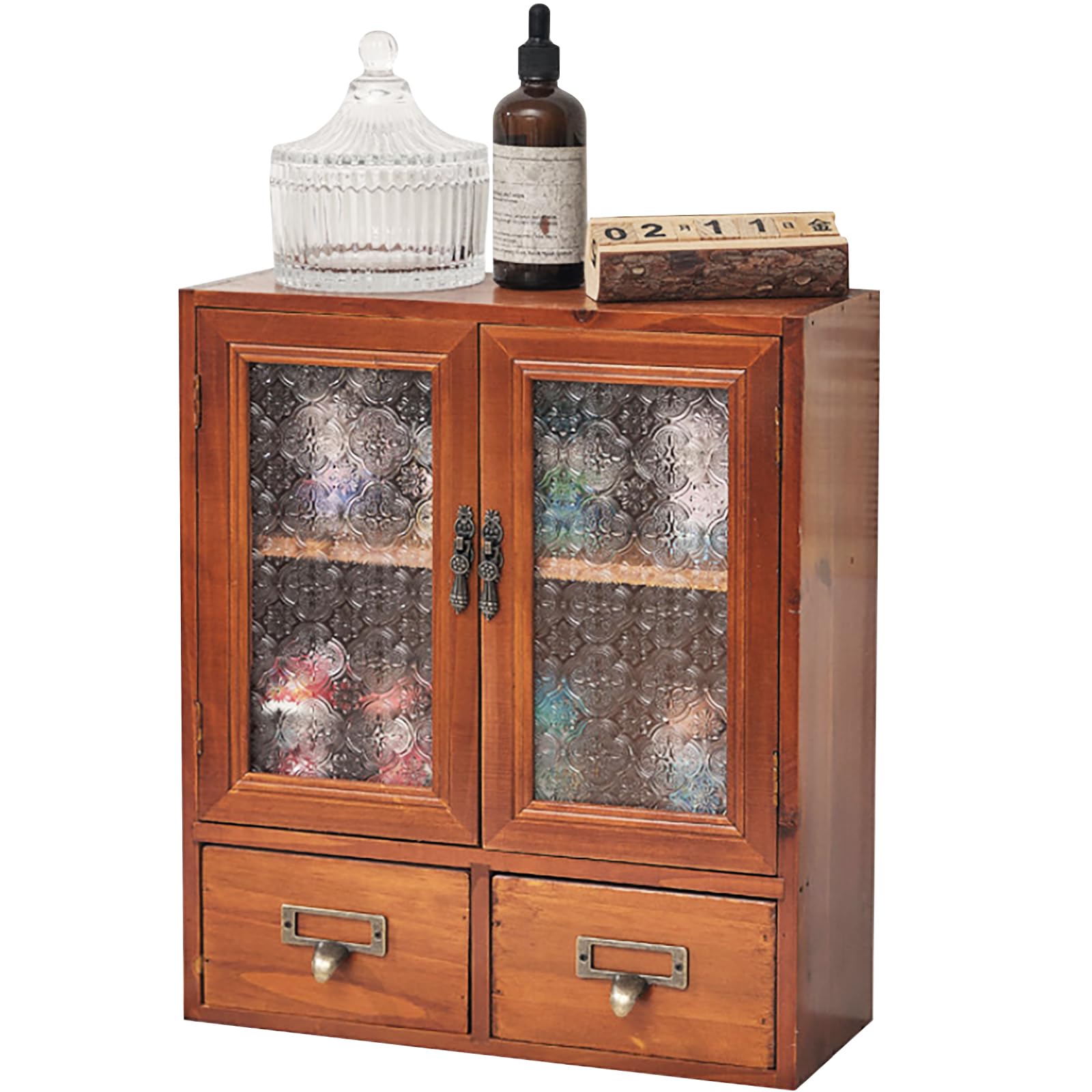 Floral Glass Storage Cabinet with 2 Drawers