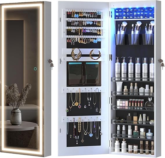LED Mirror Jewelry Cabinet with Wall/Door Mount