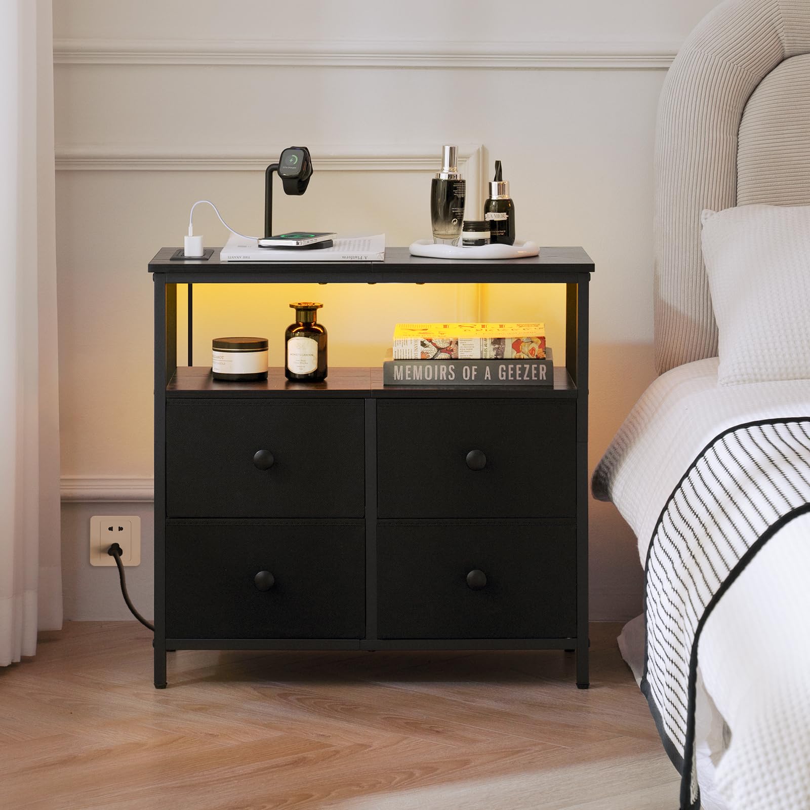 LED Nightstand with Charging Station and 4 Drawers