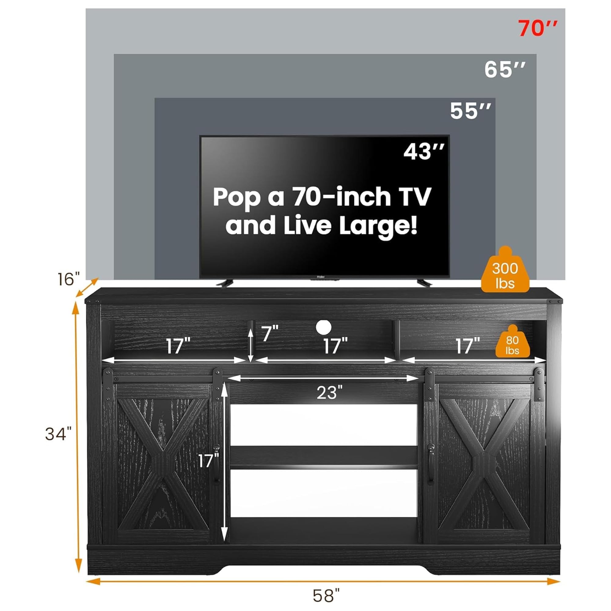 Farmhouse TV Stand with 23" Fireplace for 65+ Inch TV