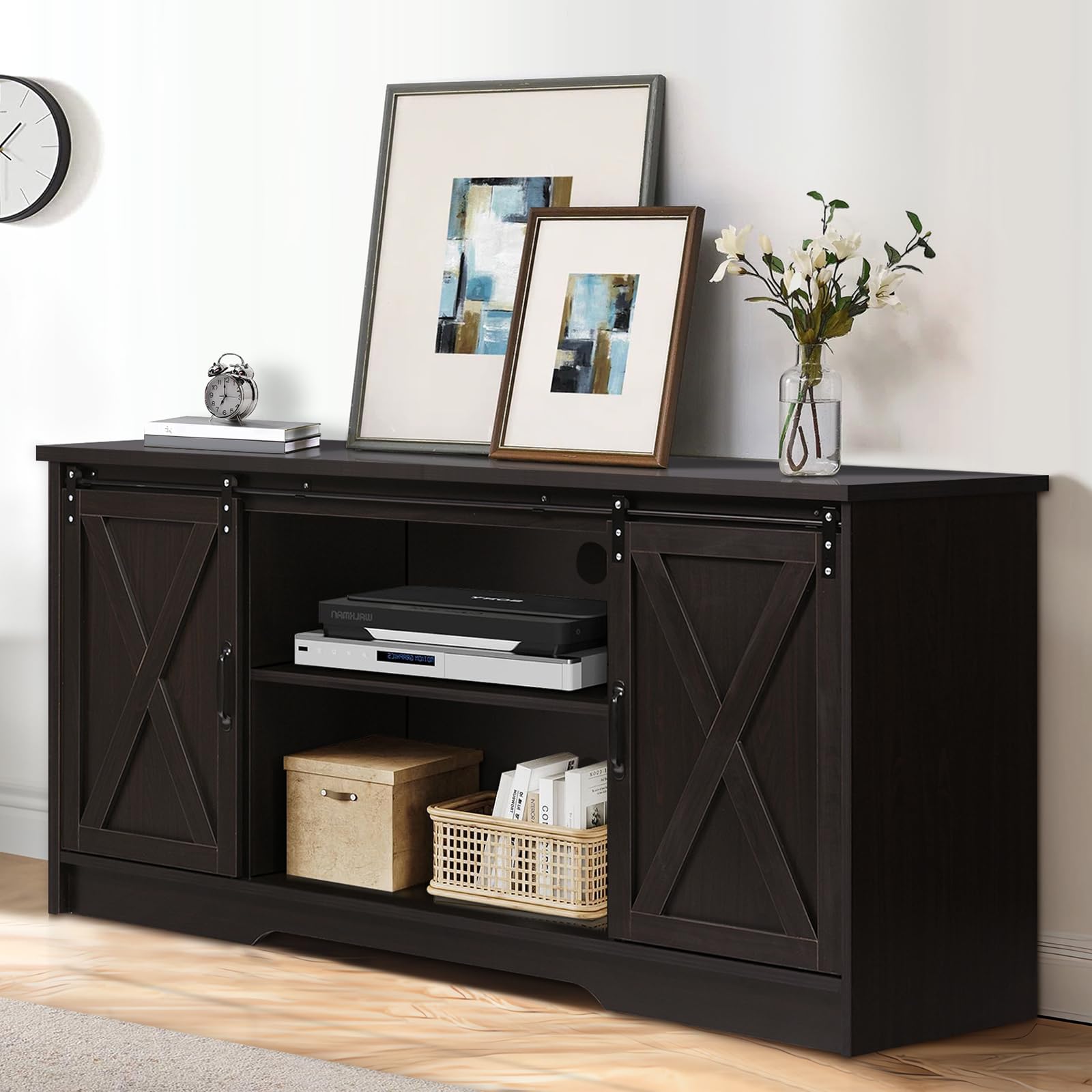 65 Inch TV Stand with Sliding Barn Doors and Storage Cabinets