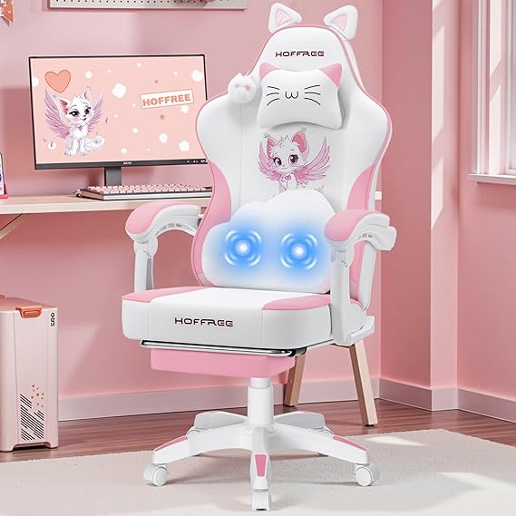 Pink Gaming Chair with Cat Ears and Massage Lumbar